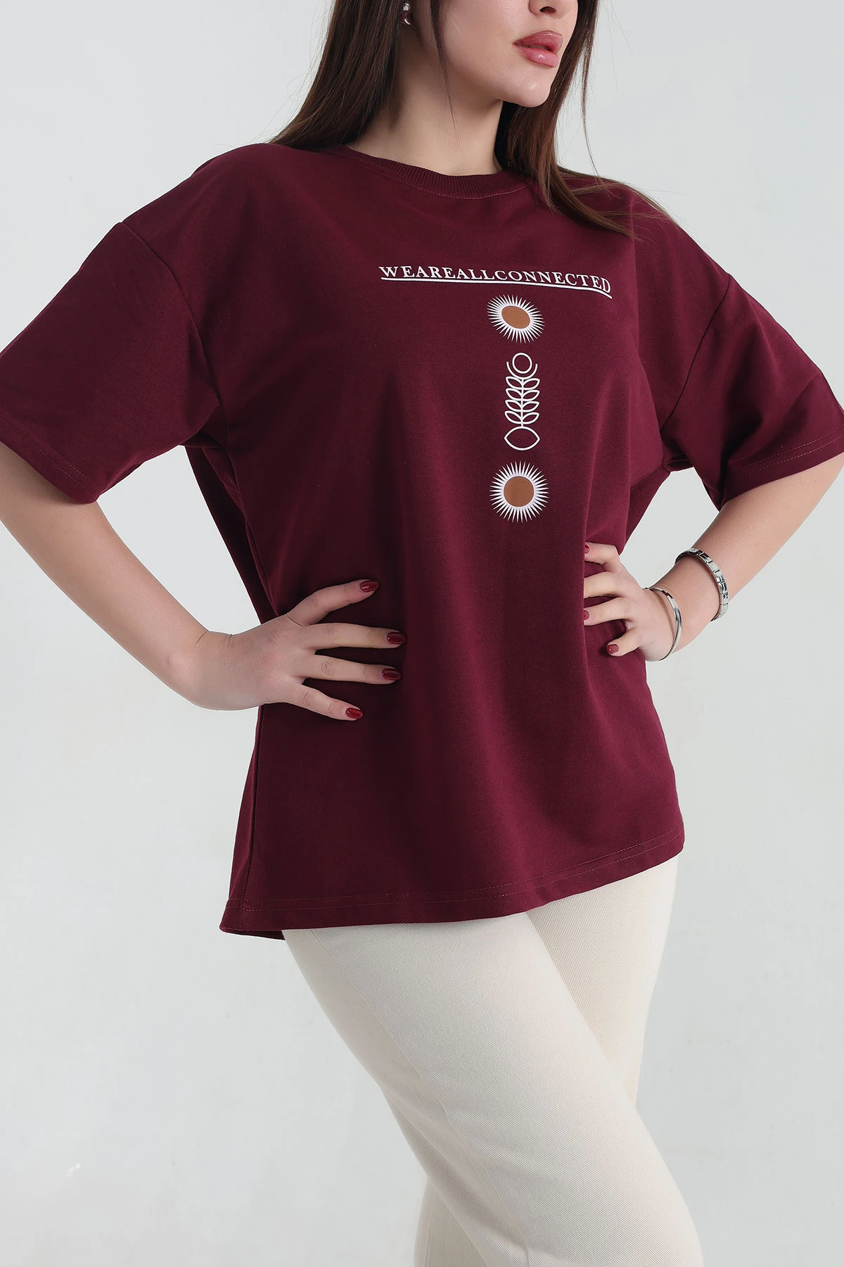 Bordo Baskılı İki İp Bayan Tişört 337639