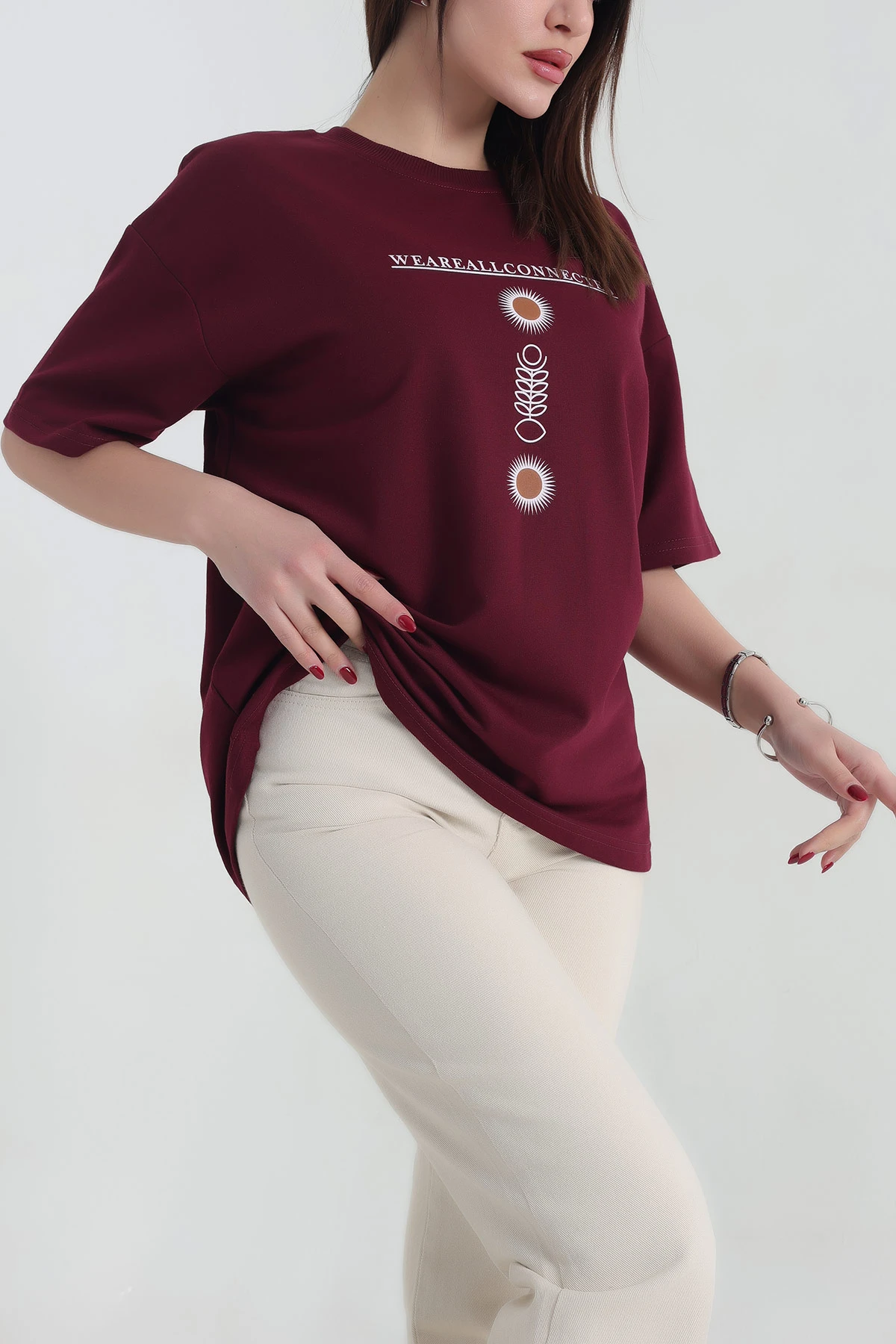Bordo Baskılı İki İp Bayan Tişört 337639