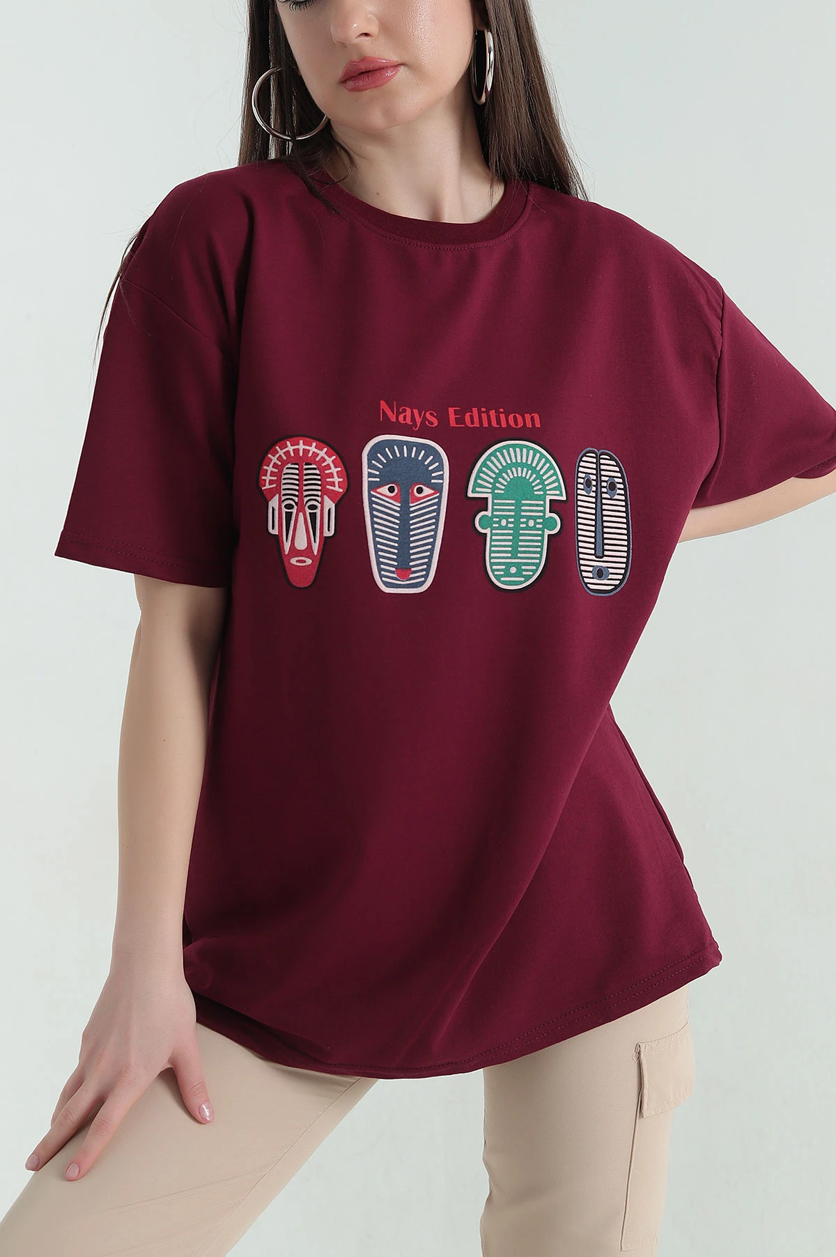 Bordo Baskılı İki İp Kadın Oversize Tişört 356680