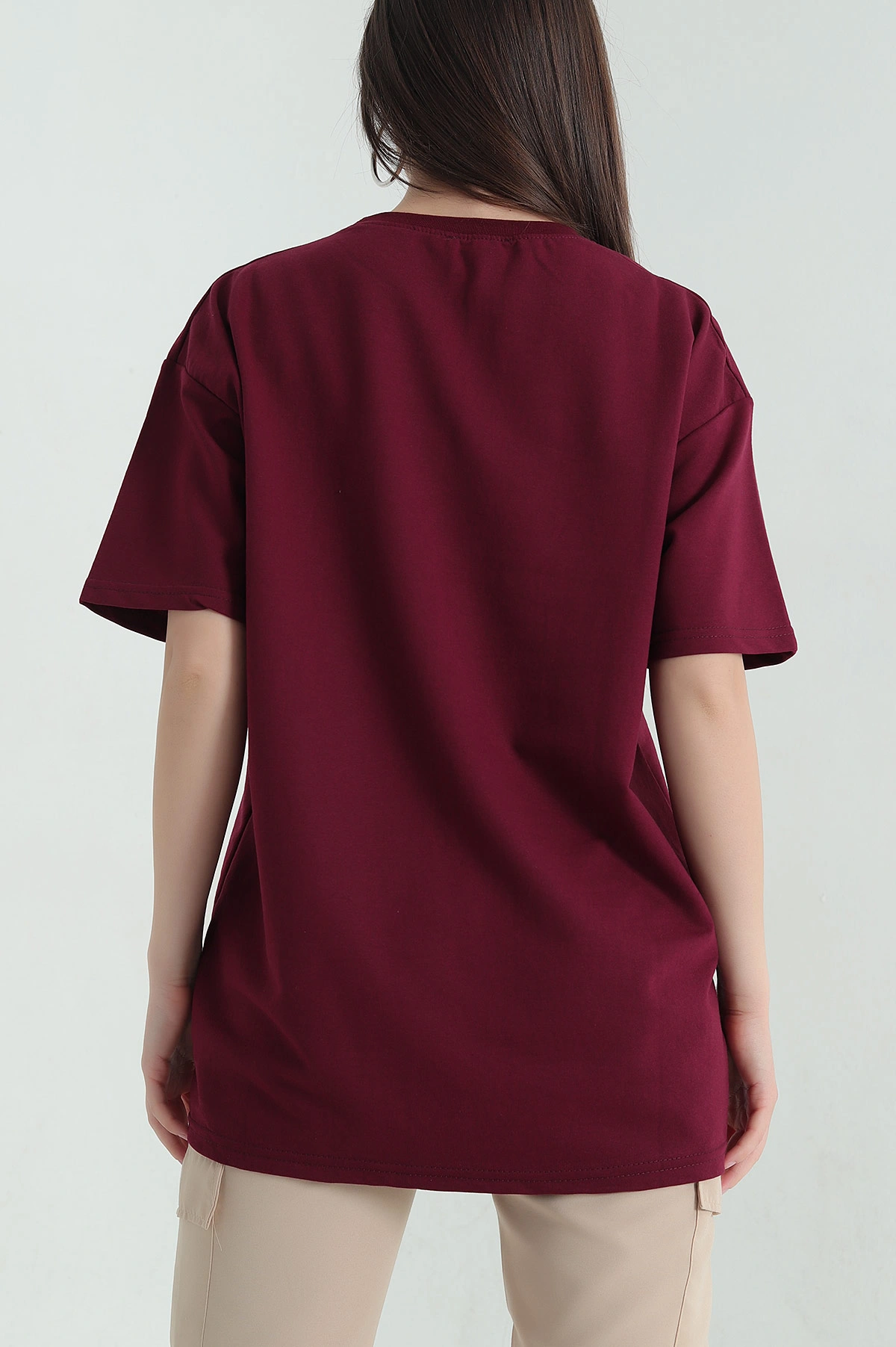 Bordo Baskılı İki İp Kadın Oversize Tişört 356680