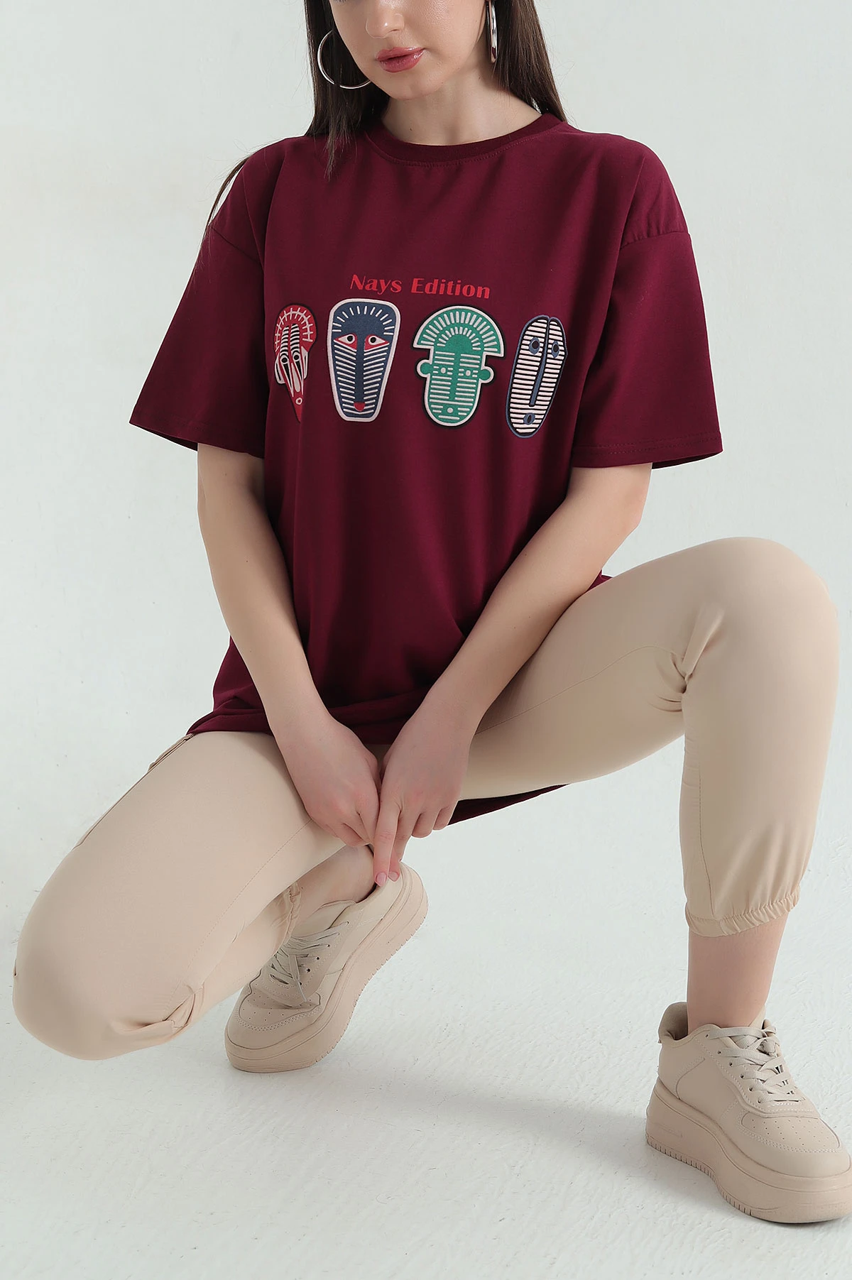 Bordo Baskılı İki İp Kadın Oversize Tişört 356680