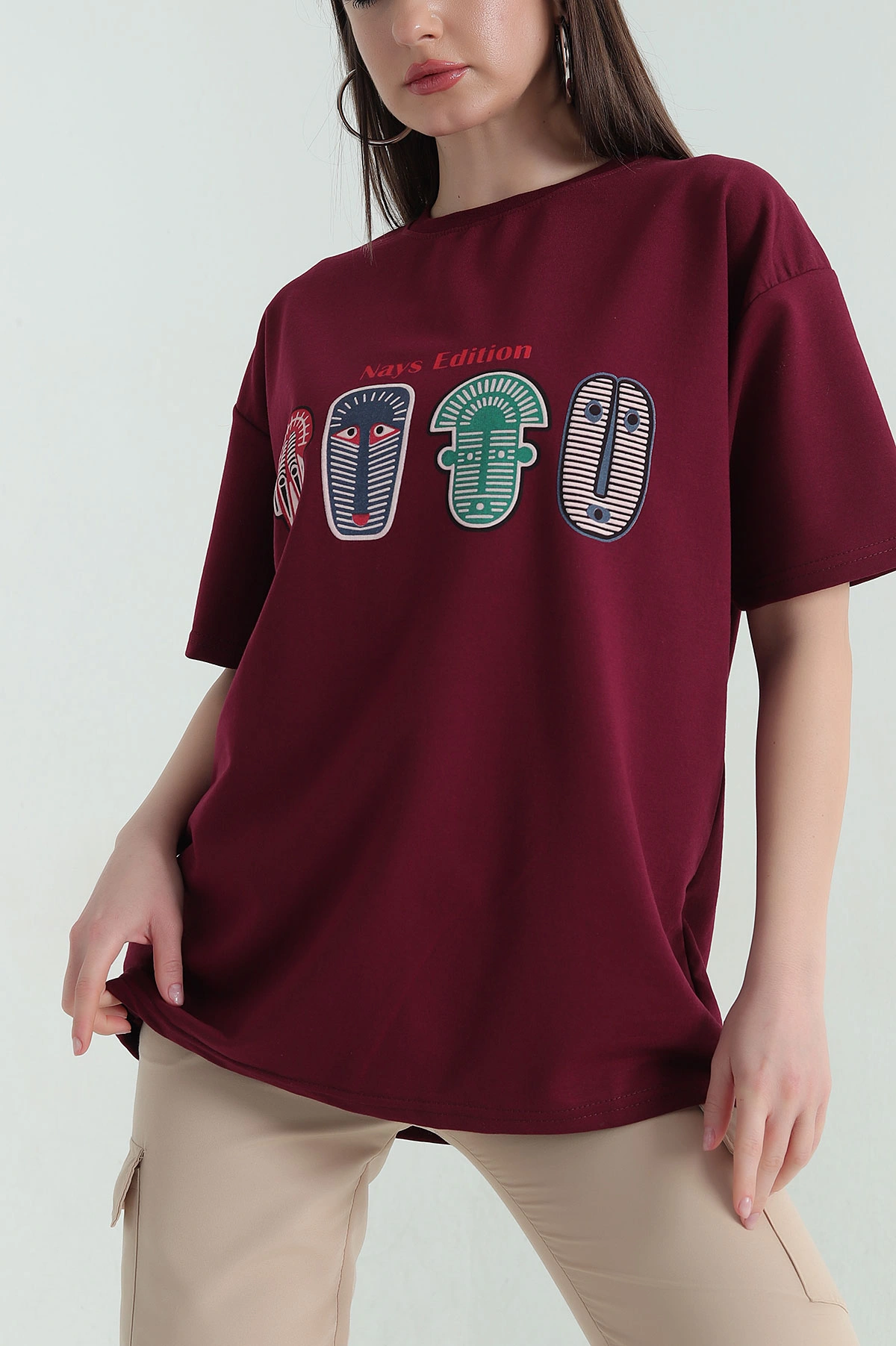 Bordo Baskılı İki İp Kadın Oversize Tişört 356680