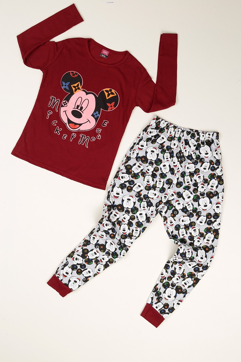 Bordo Baskılı Kız Çocuk Pijama Takımı 77932
