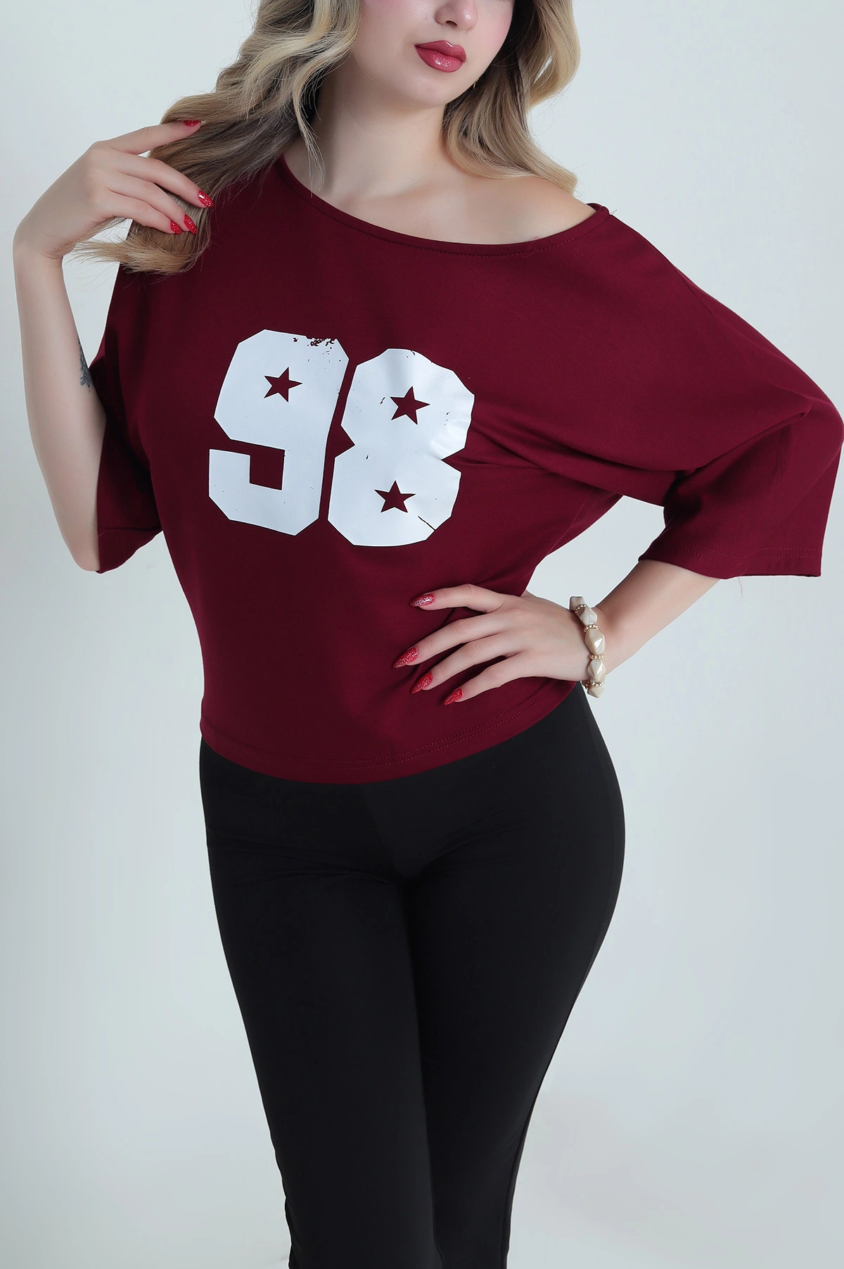 Bordo Baskılı Kristal Kadın Bluz 482067