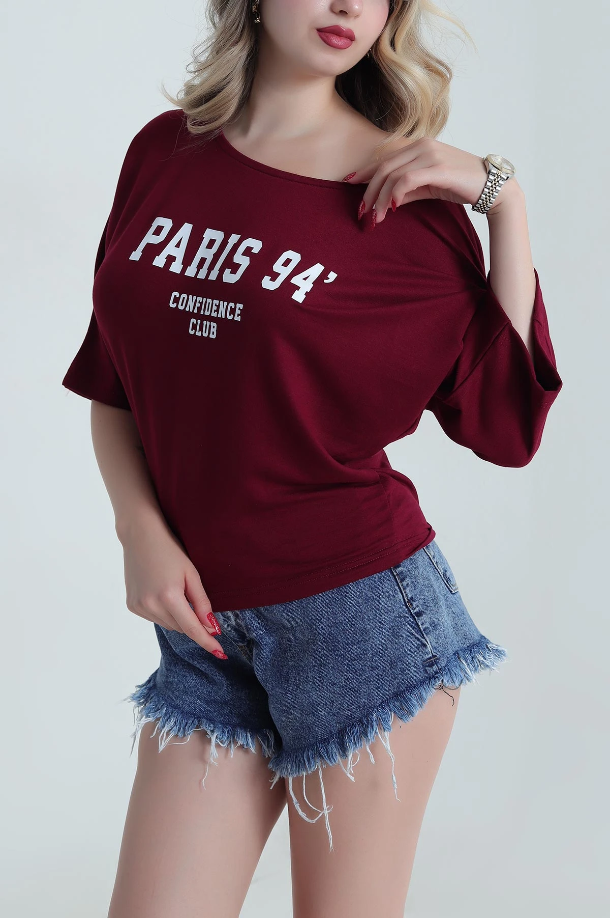 Bordo Baskılı Kristal Kadın Bluz 482088