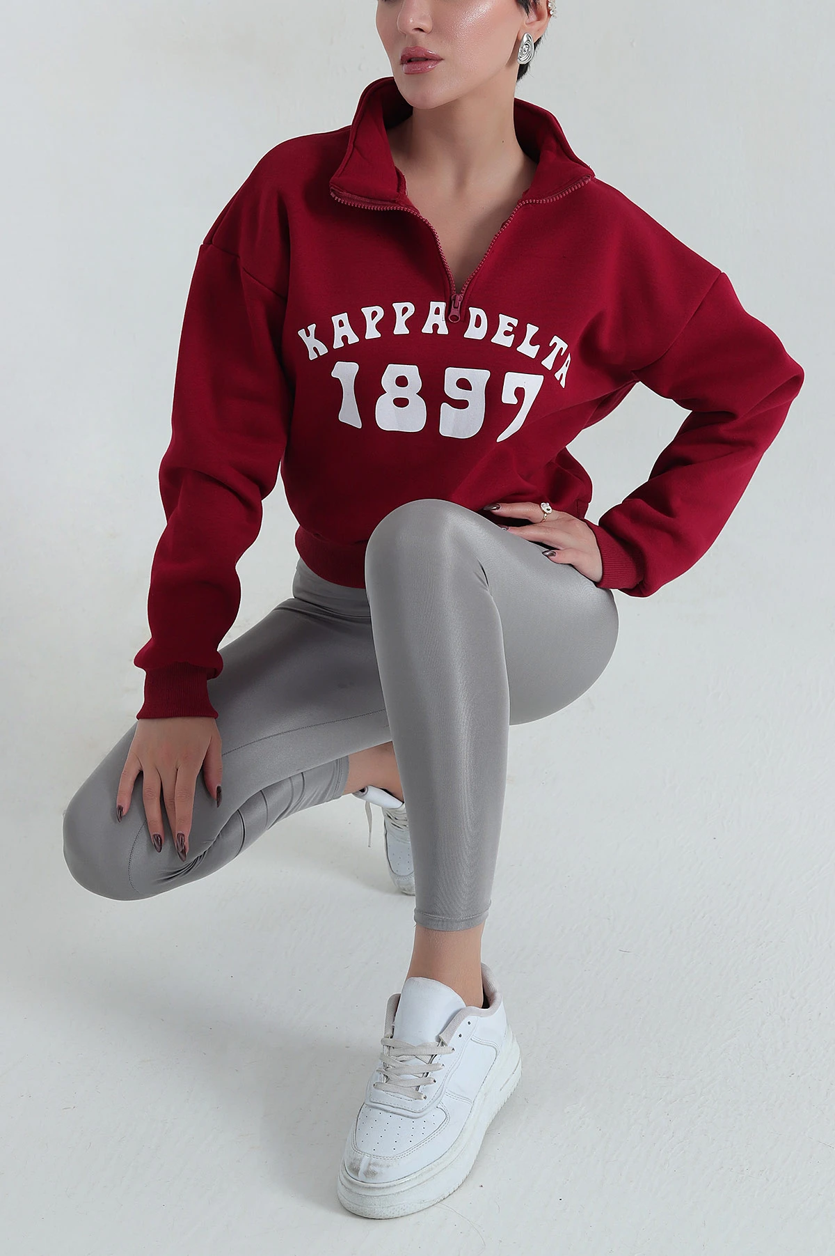 Bordo Baskılı Şardonlu Üç İp Kadın Fermuarlı Sweat 410453