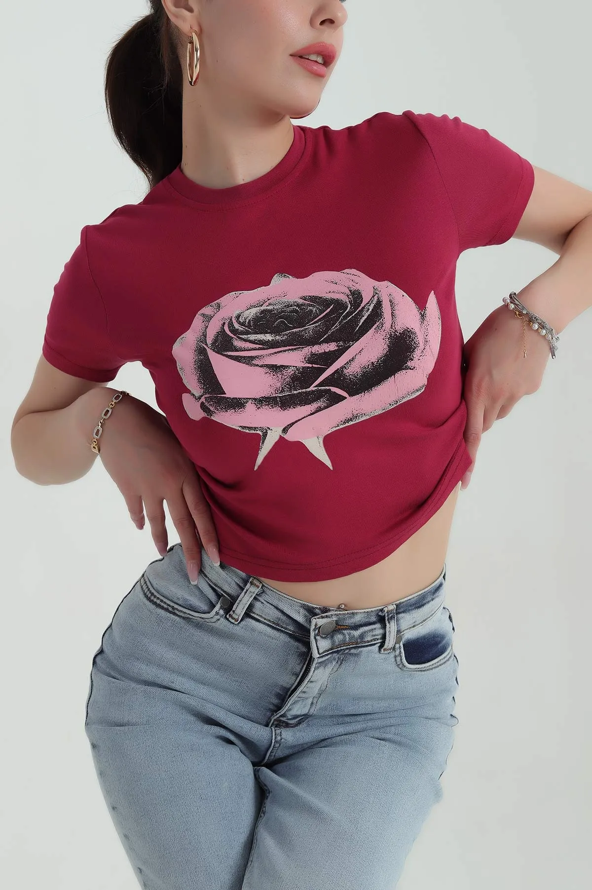 Bordo Baskılı Süprem Kadın Tişört 373140