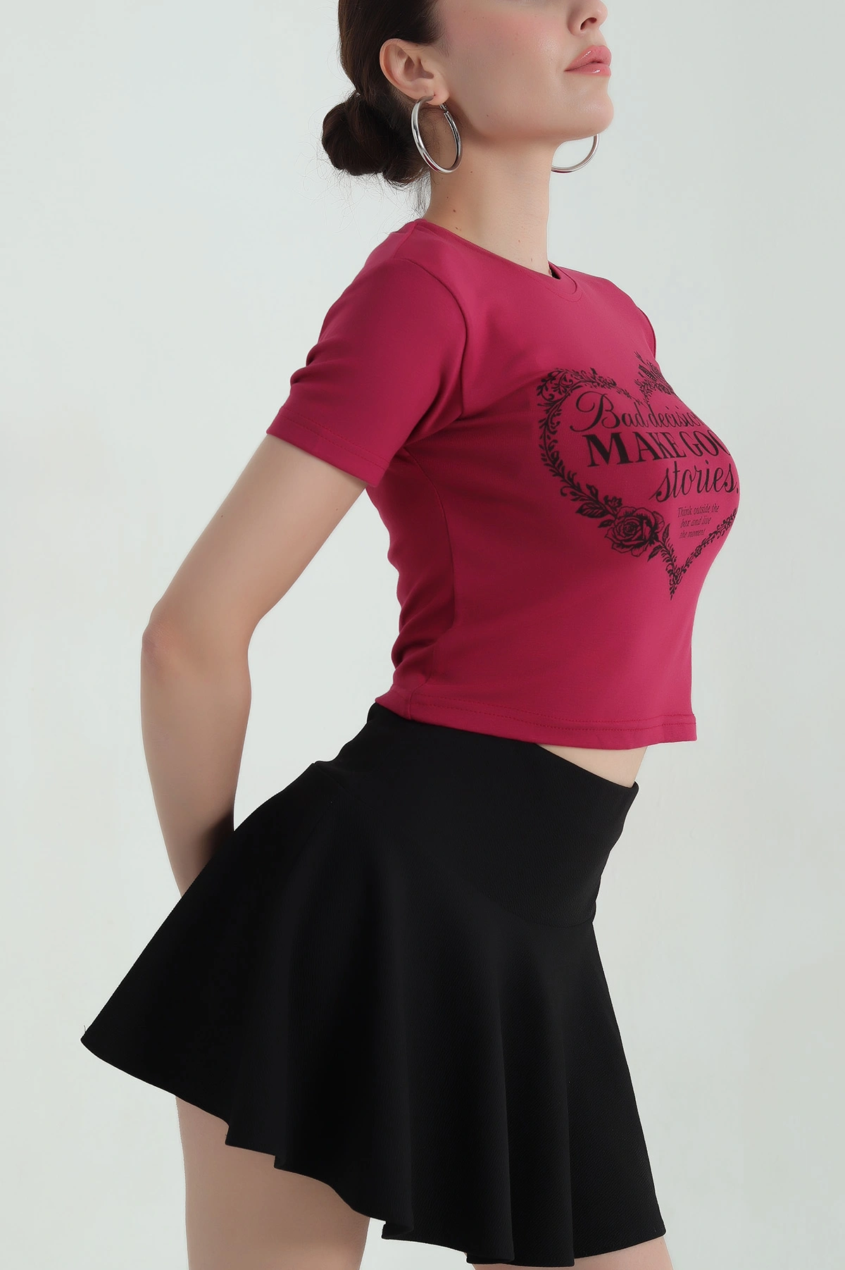 Bordo Baskılı Viskon Kadın Crop Tişört 372687