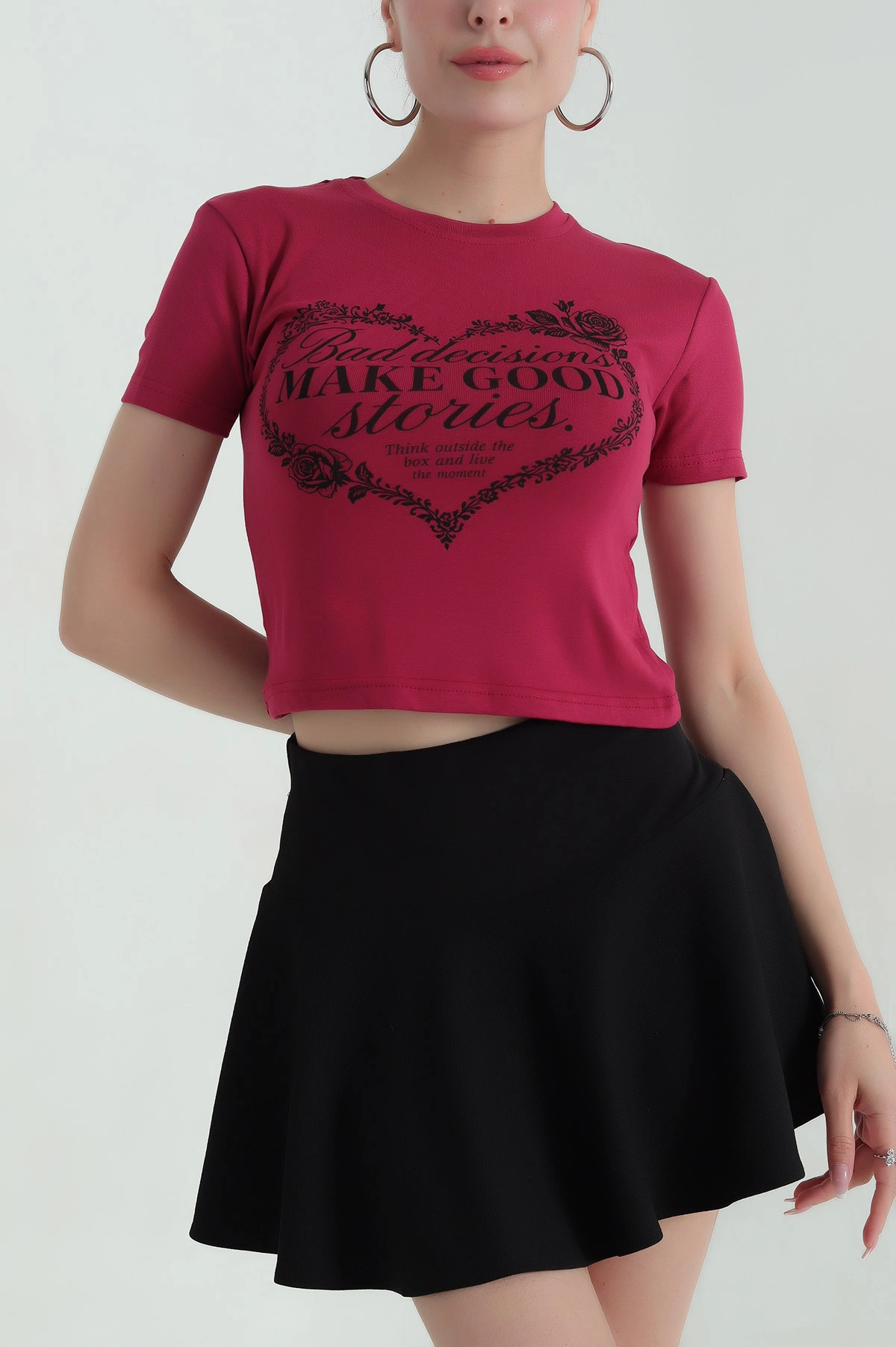Bordo Baskılı Viskon Kadın Crop Tişört 372687