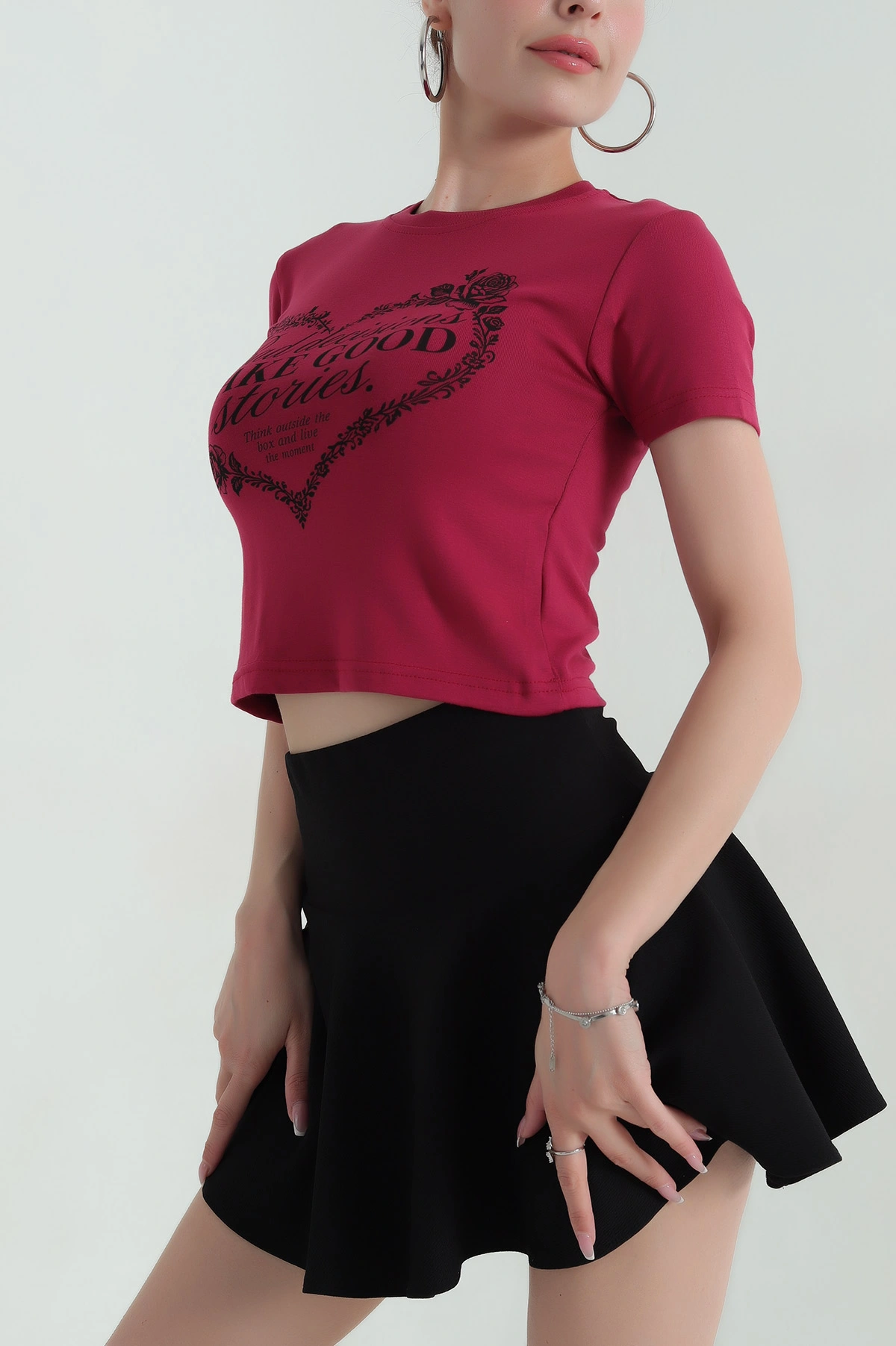 Bordo Baskılı Viskon Kadın Crop Tişört 372687