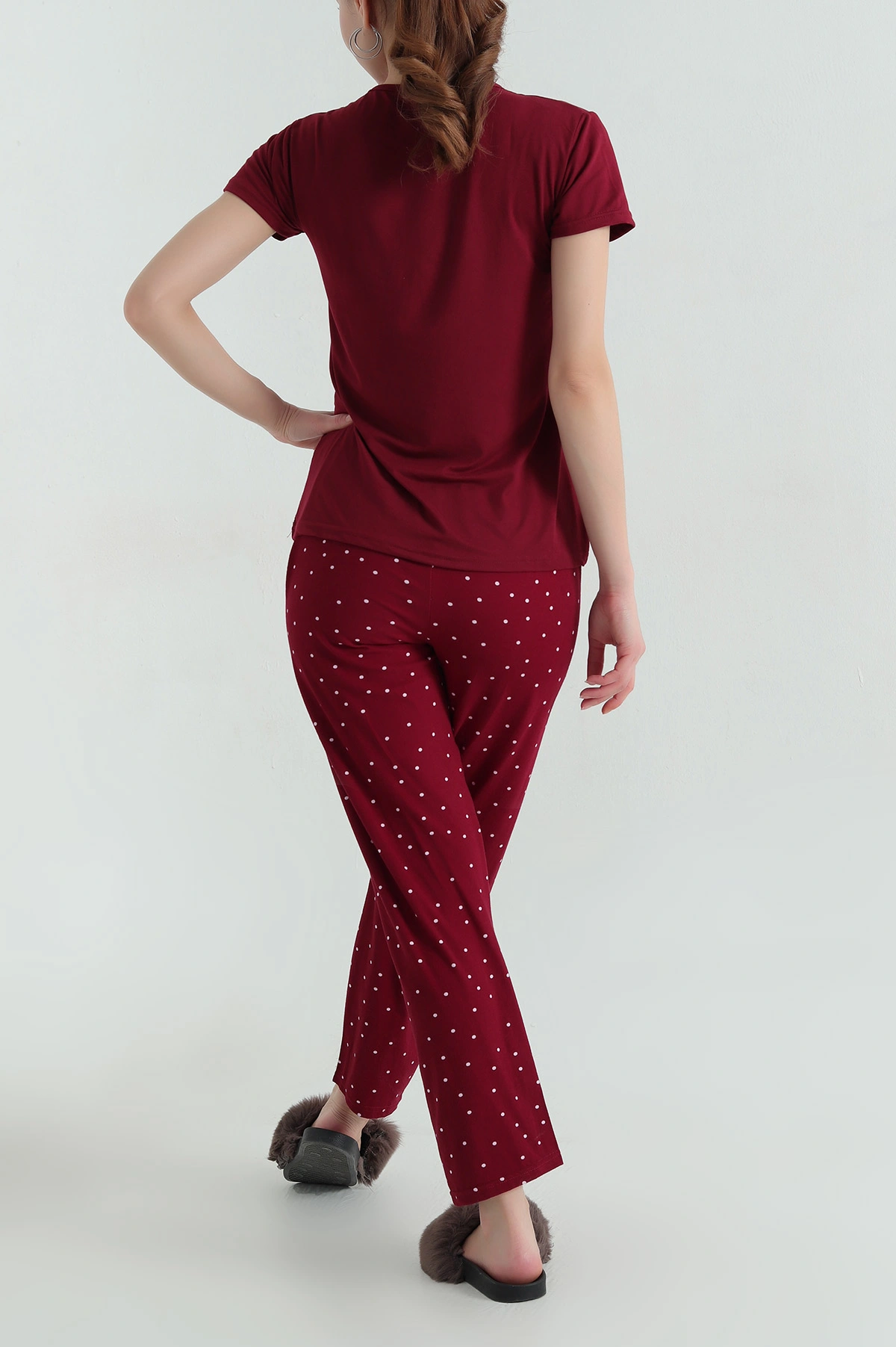 Bordo Baskılı Viskon Kadın Pijama Takımı 347345