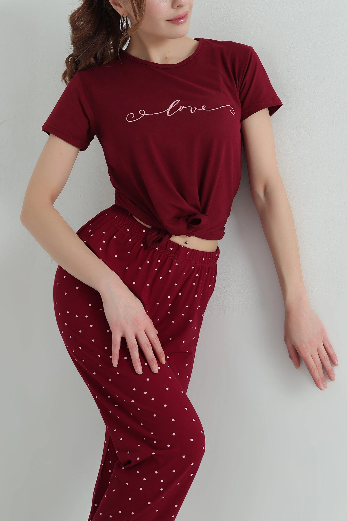 Bordo Baskılı Viskon Kadın Pijama Takımı 347345