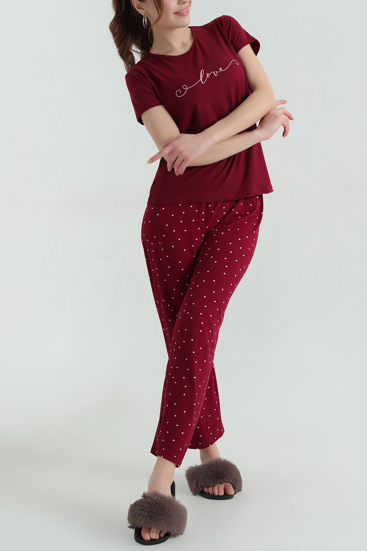 Bordo Baskılı Viskon Kadın Pijama Takımı 347345