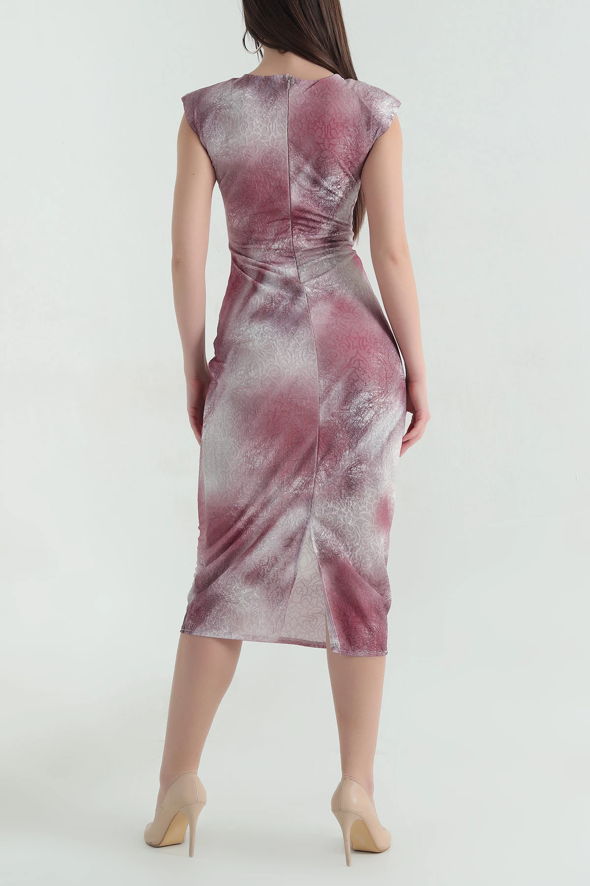 Bordo Batik Desen Fermuarlı Kolsuz Kadın Tül Elbise 358550