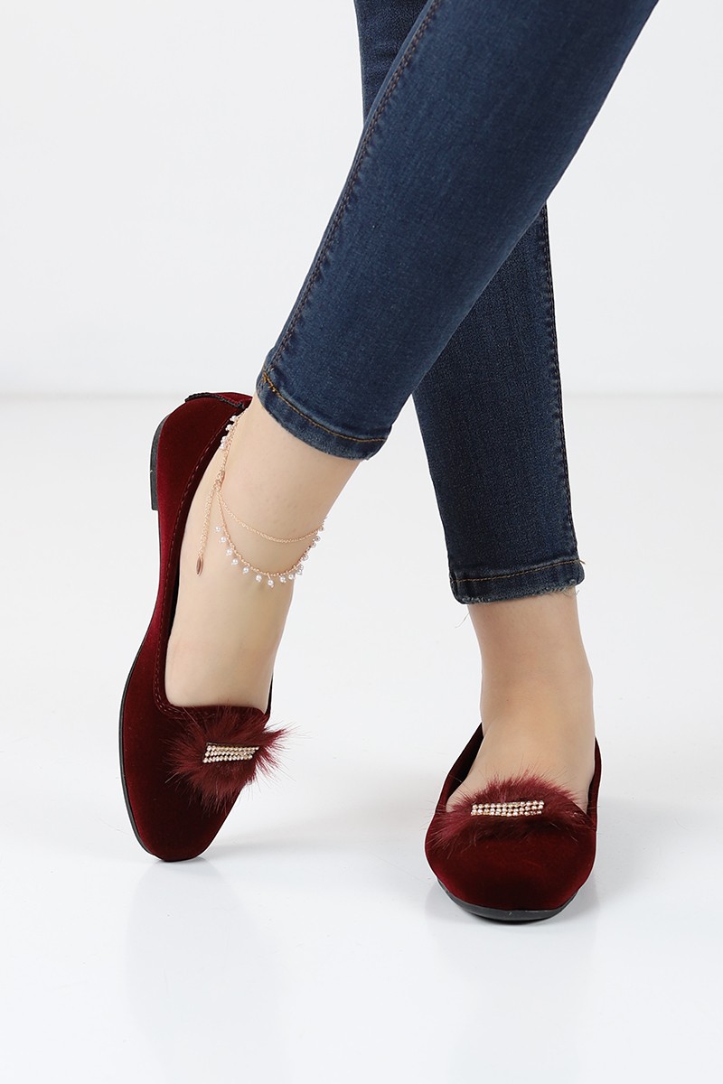 Bordo Bayan Süet Peluş Taşlı Babet Ayakkabı 77699