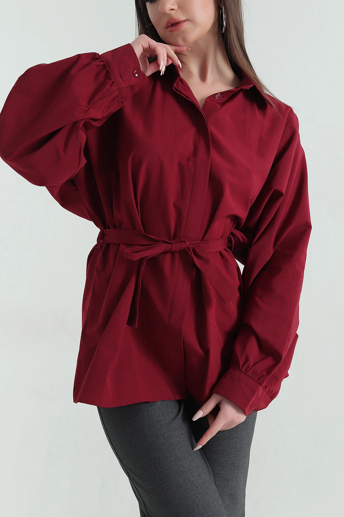Bordo Bel Bağlamalı Oversize Poplin Tunik Gömlek 355234
