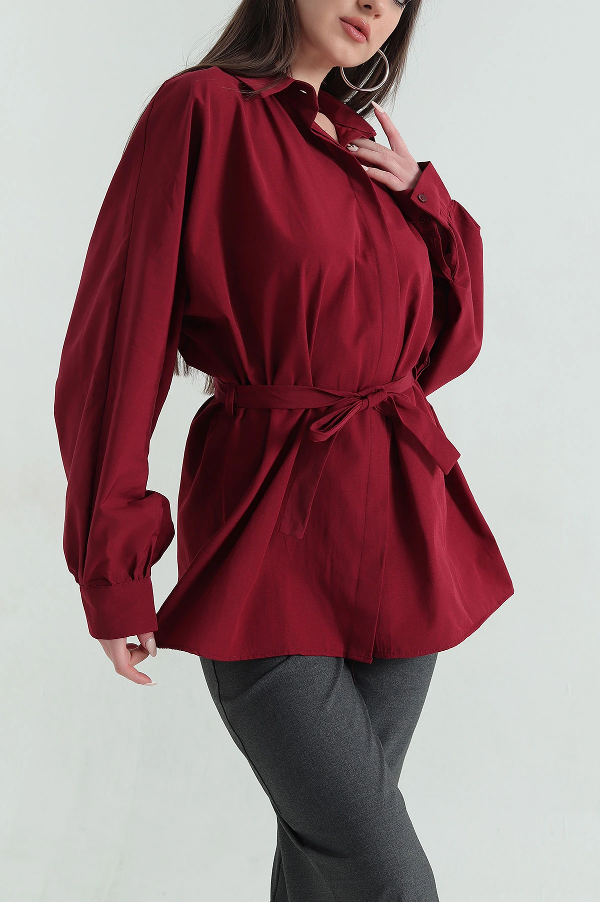 Bordo Bel Bağlamalı Oversize Poplin Tunik Gömlek 355234