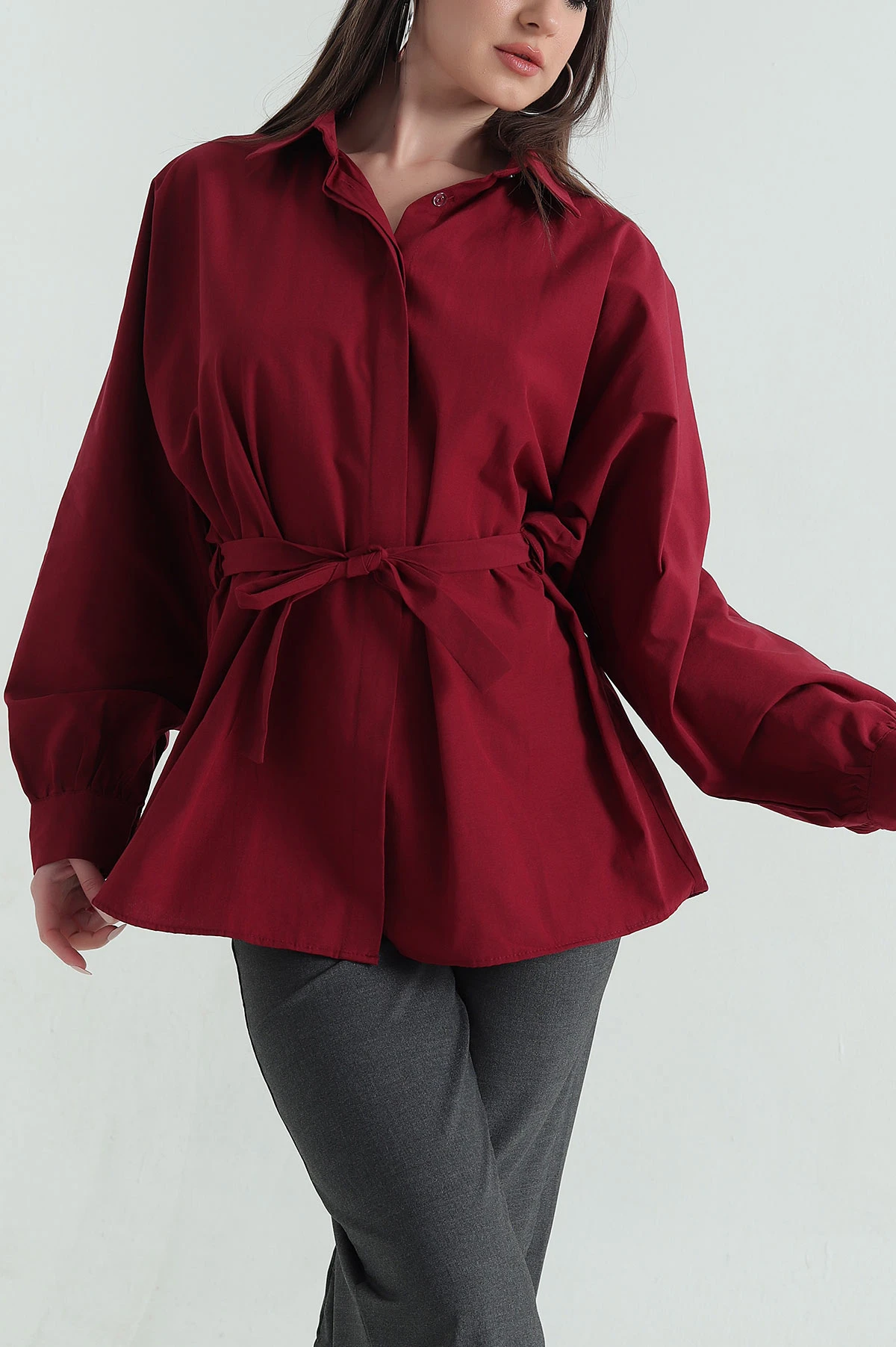 Bordo Bel Bağlamalı Oversize Poplin Tunik Gömlek 355234