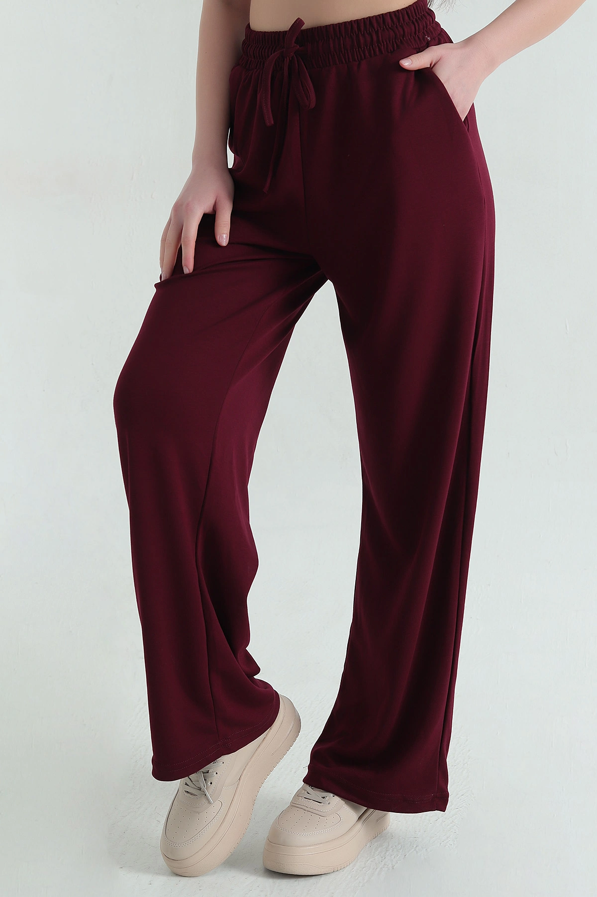 Bordo Bel Lastikli Cepli Modal Kadın Pantolon 357355