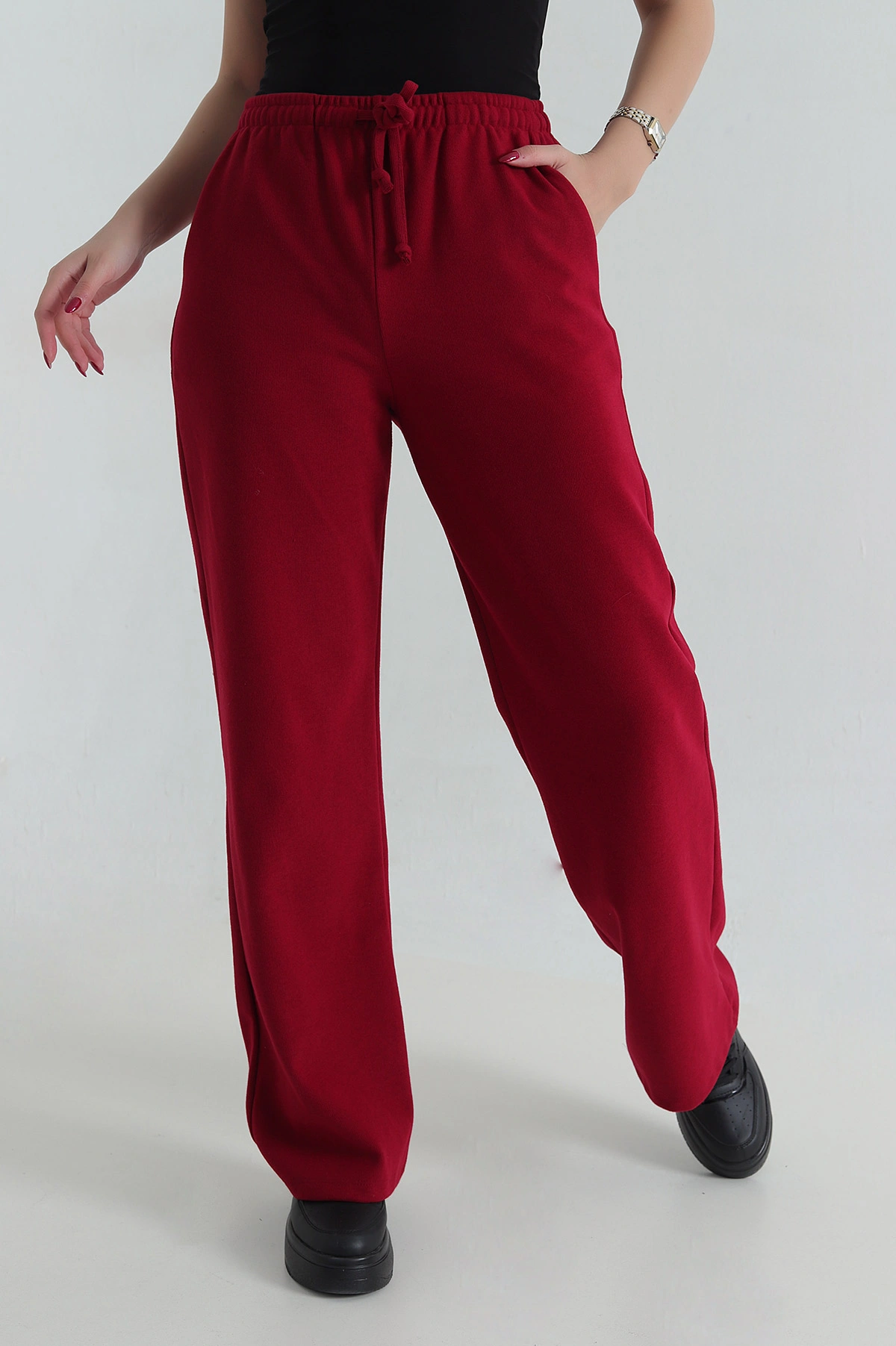 Bordo Bel Lastikli Cepli Selanik Kadın Pantolon 414358