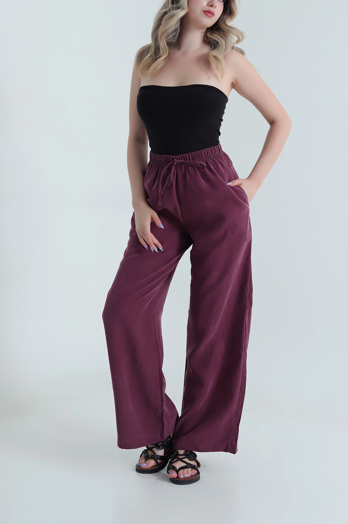 Bordo Bel Lastikli Cepli Tencel Kadın Pantolon 474855