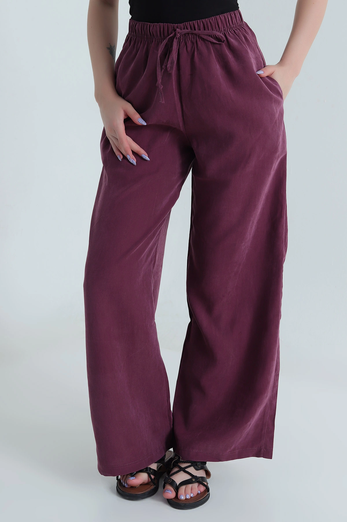 Bordo Bel Lastikli Cepli Tencel Kadın Pantolon 474855