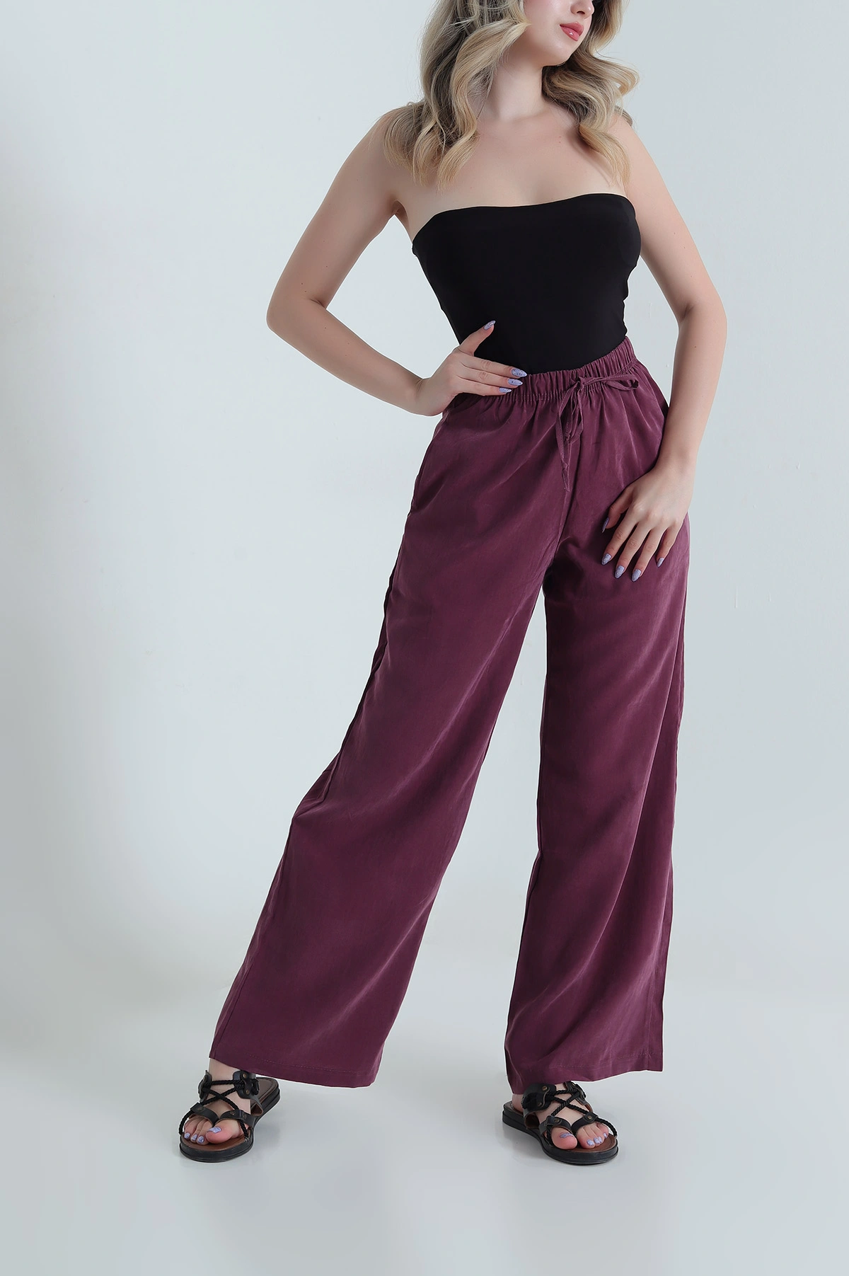 Bordo Bel Lastikli Cepli Tencel Kadın Pantolon 474855