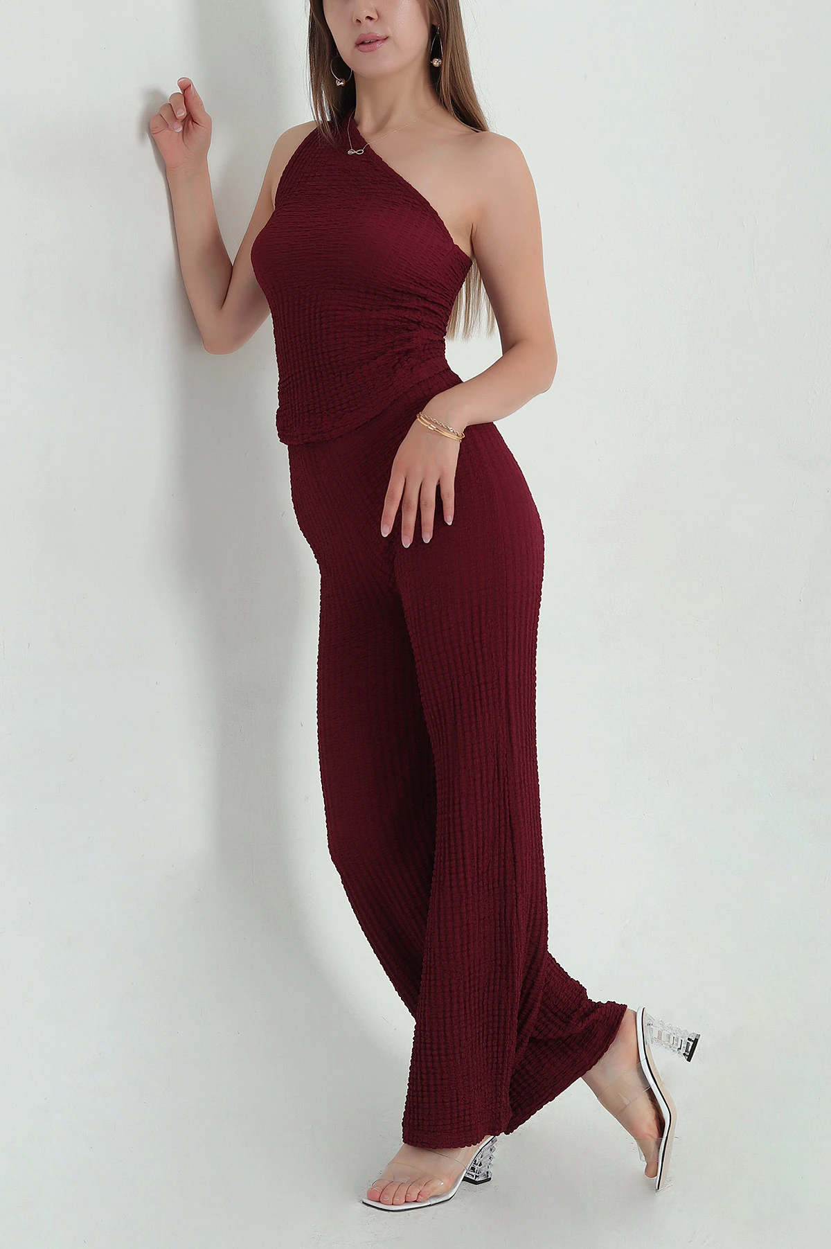 Bordo Bel Lastikli Gofre Kadın İkili Takım 376058
