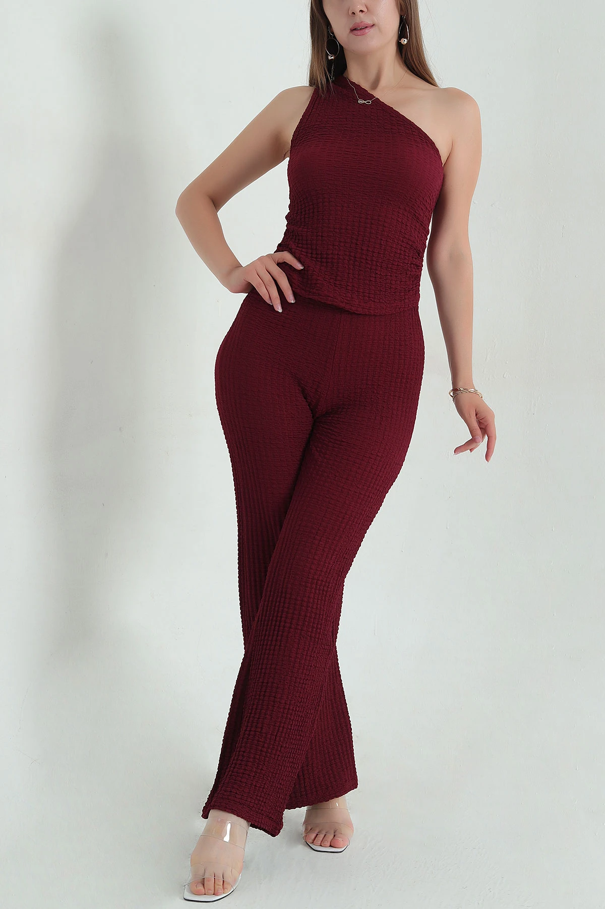 Bordo Bel Lastikli Gofre Kadın İkili Takım 376058