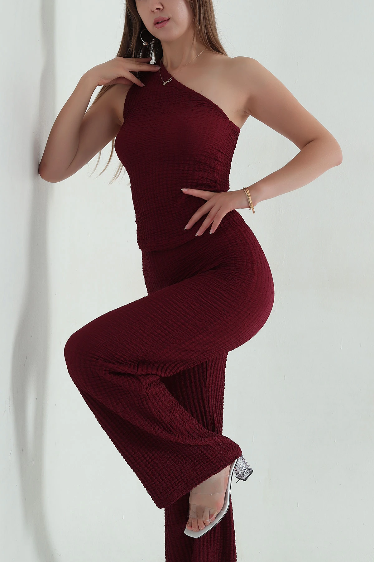 Bordo Bel Lastikli Gofre Kadın İkili Takım 376058