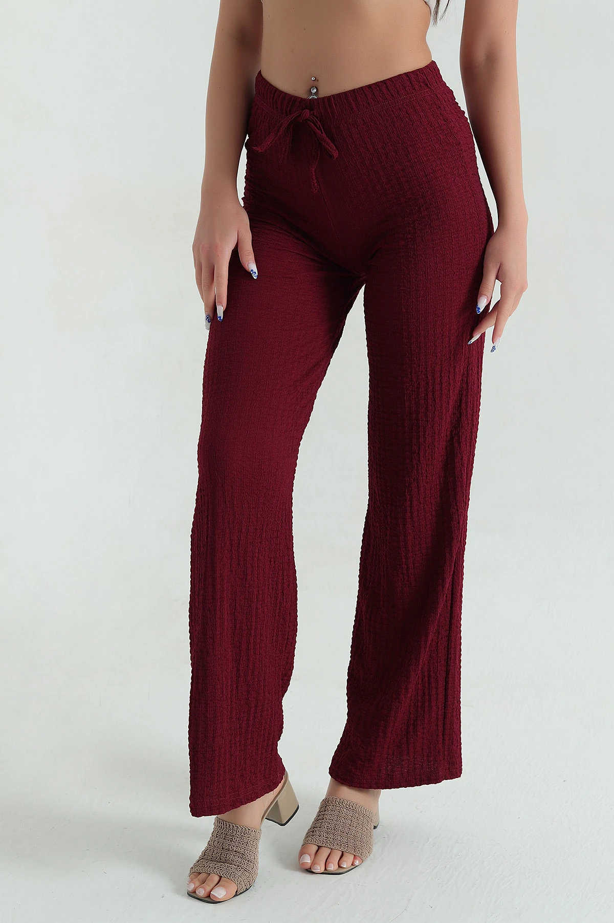 Bordo Bel Lastikli Gofre Kadın Pantolon 370723