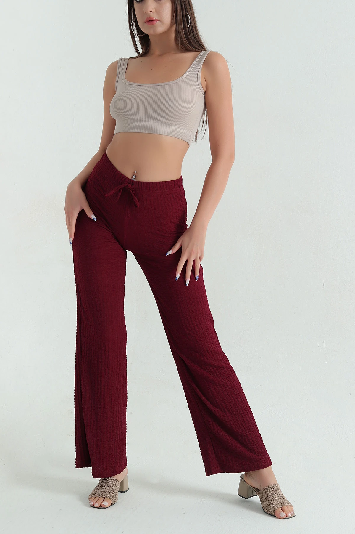 Bordo Bel Lastikli Gofre Kadın Pantolon 370723
