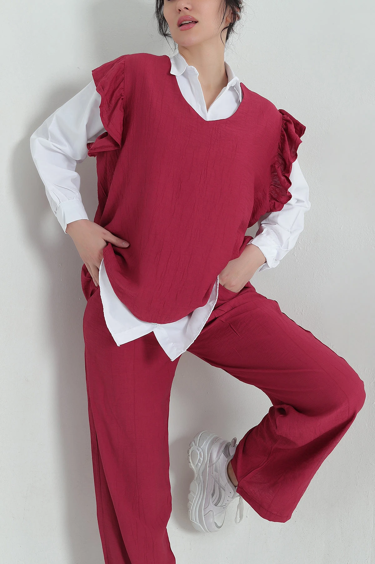 Bordo Bel Lastikli Kolları Büzgülü Aerobin Kadın Üçlü Takım 359140