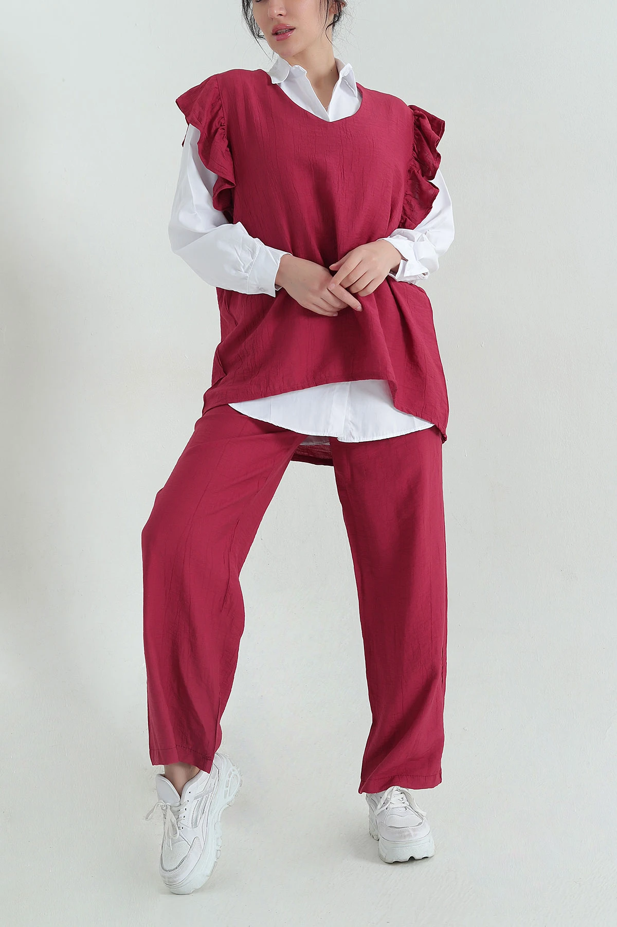 Bordo Bel Lastikli Kolları Büzgülü Aerobin Kadın Üçlü Takım 359140
