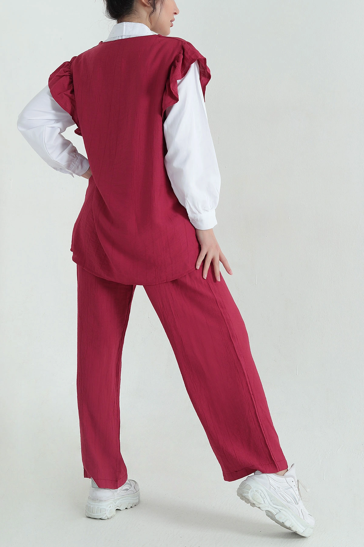 Bordo Bel Lastikli Kolları Büzgülü Aerobin Kadın Üçlü Takım 359140