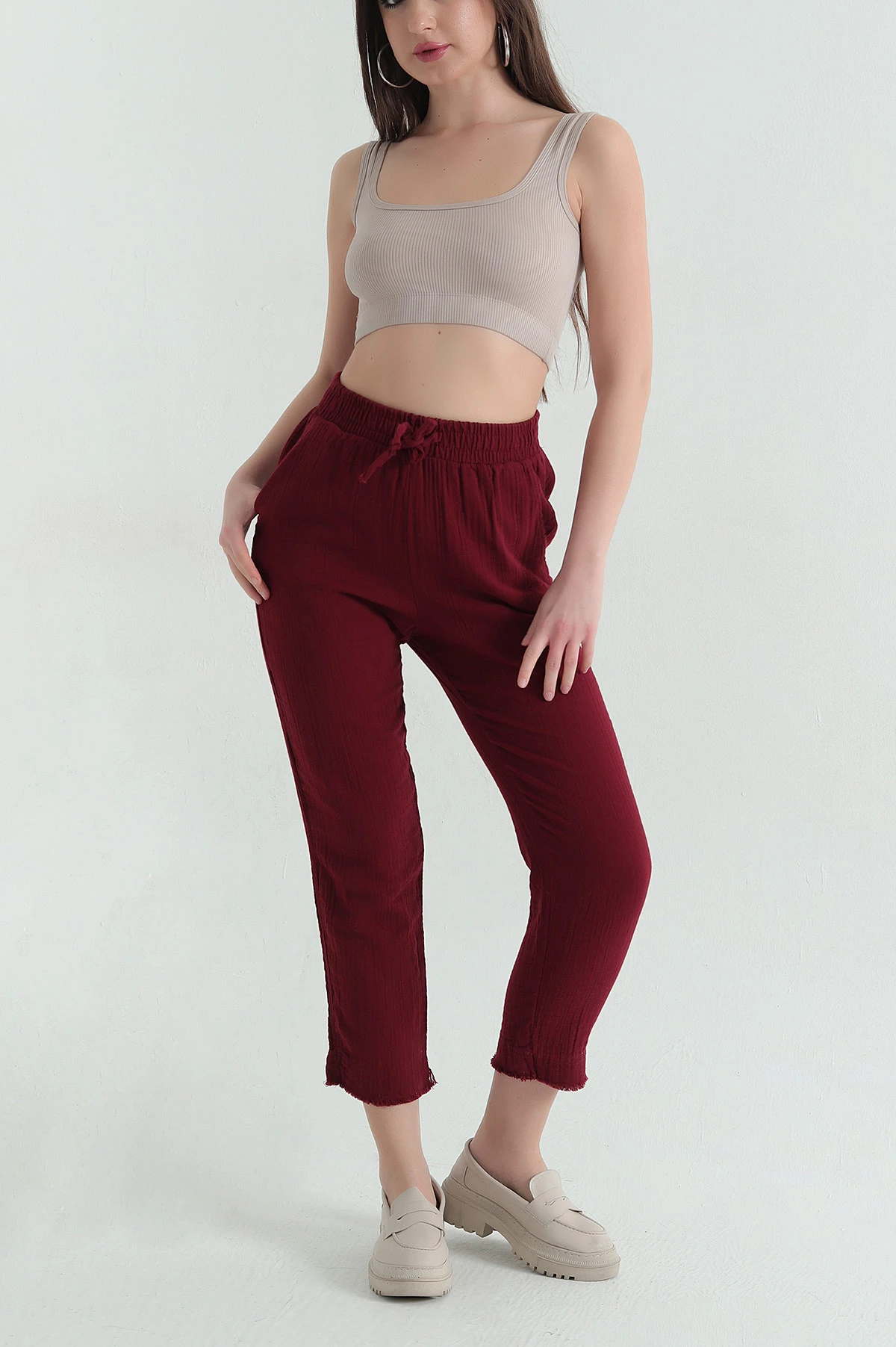 Bordo Bel Lastikli Müslin Kadın Pantolon 362366