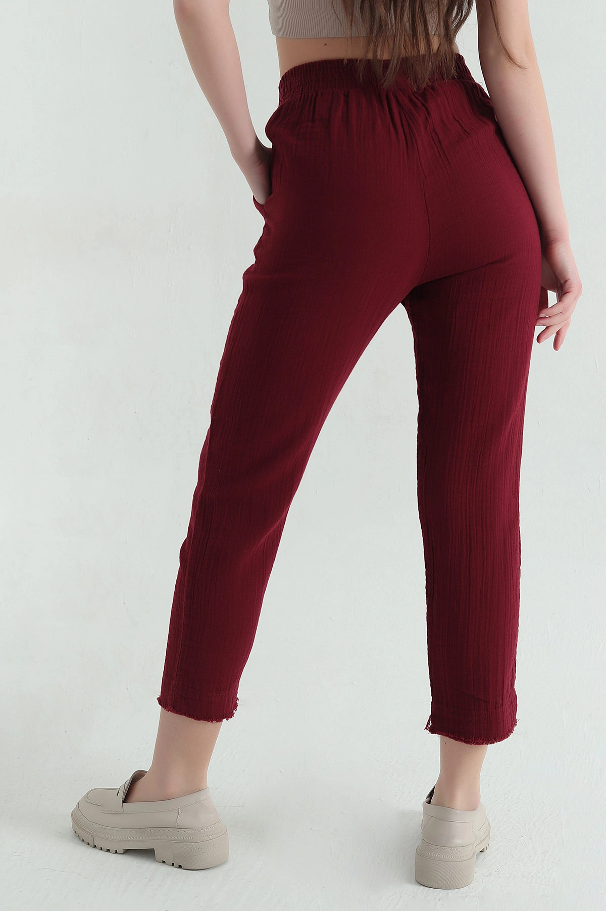 Bordo Bel Lastikli Müslin Kadın Pantolon 362366