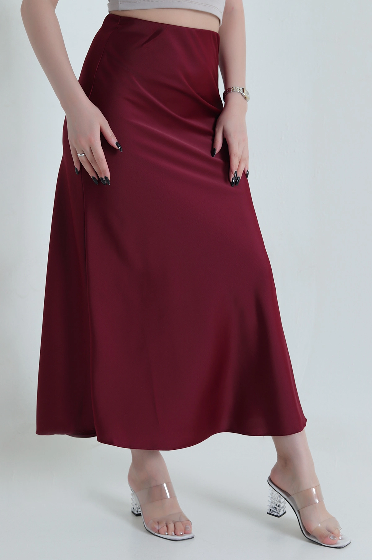 Bordo Bel Lastikli Saten Kadın Etek 452538