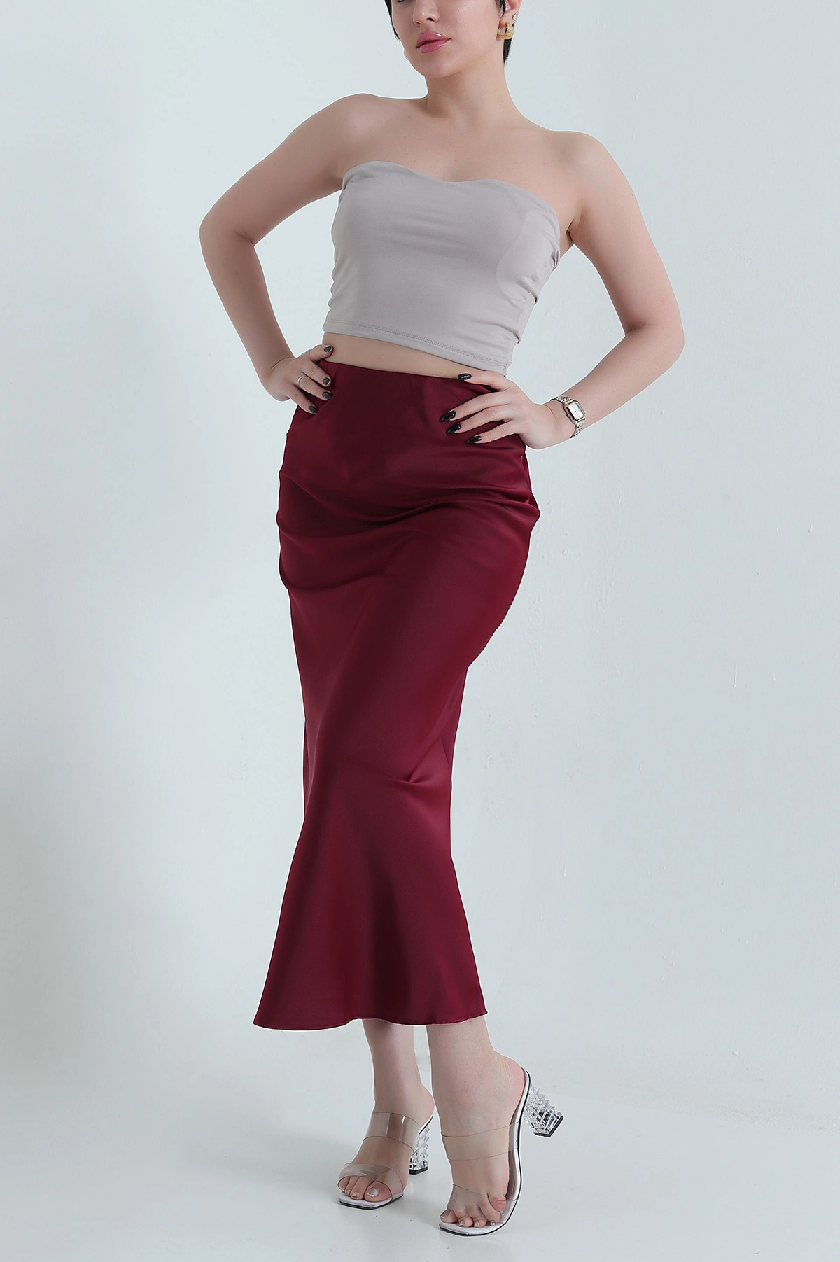 Bordo Bel Lastikli Saten Kadın Etek 452538
