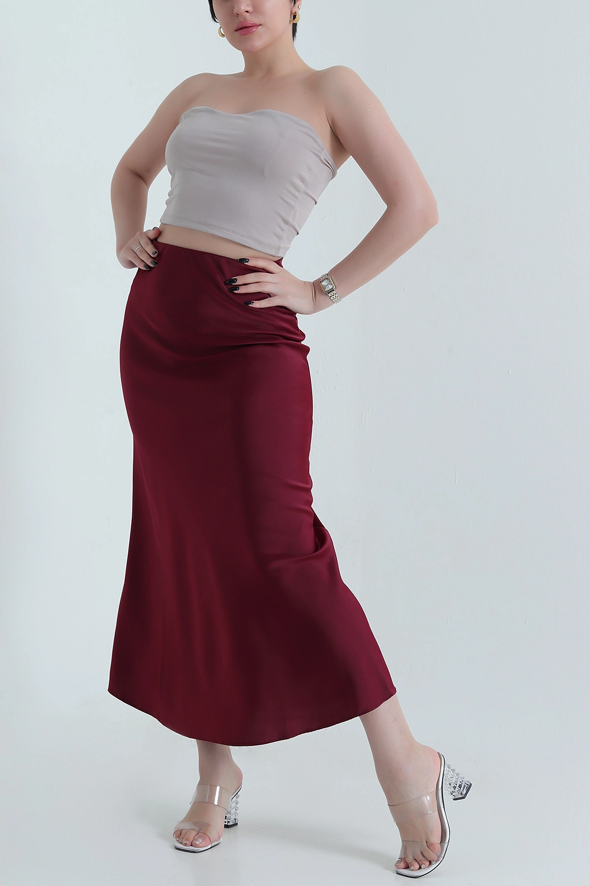 Bordo Bel Lastikli Saten Kadın Etek 452538