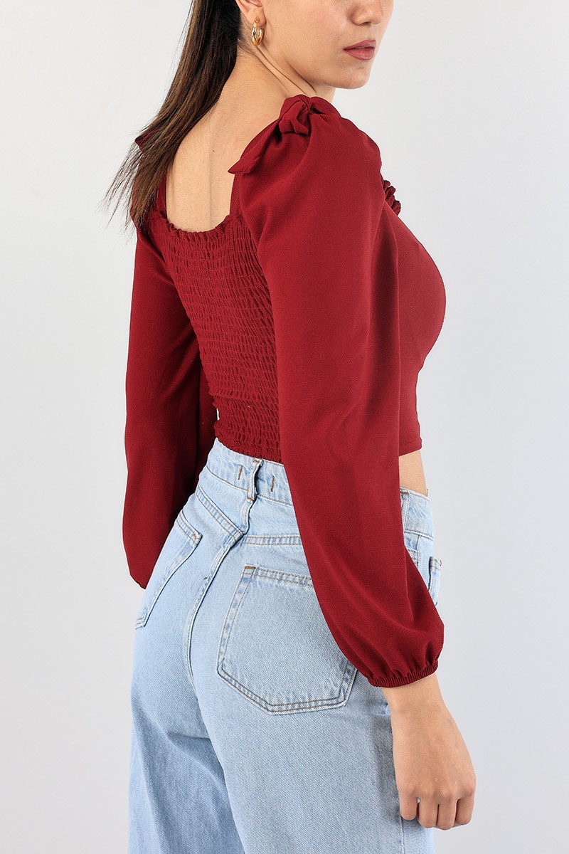 Bordo Beli Gipeli Bağlamalı Bluz 88840