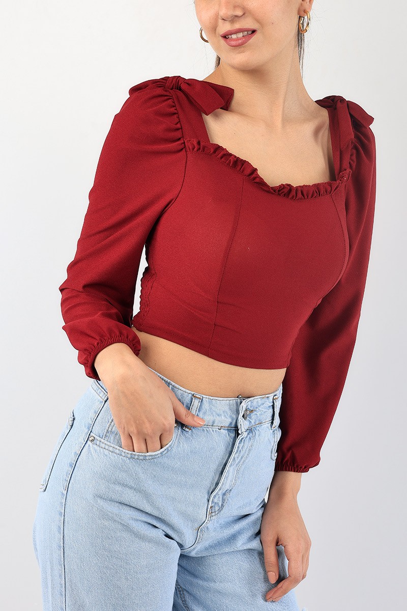 Bordo Beli Gipeli Bağlamalı Bluz 88840