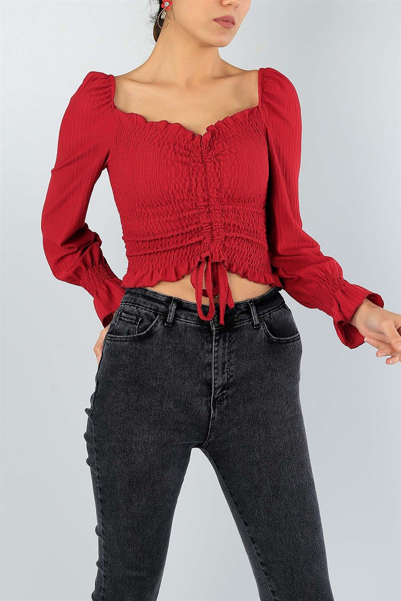 Bordo Beli Gipeli Likralı Bluz 46725
