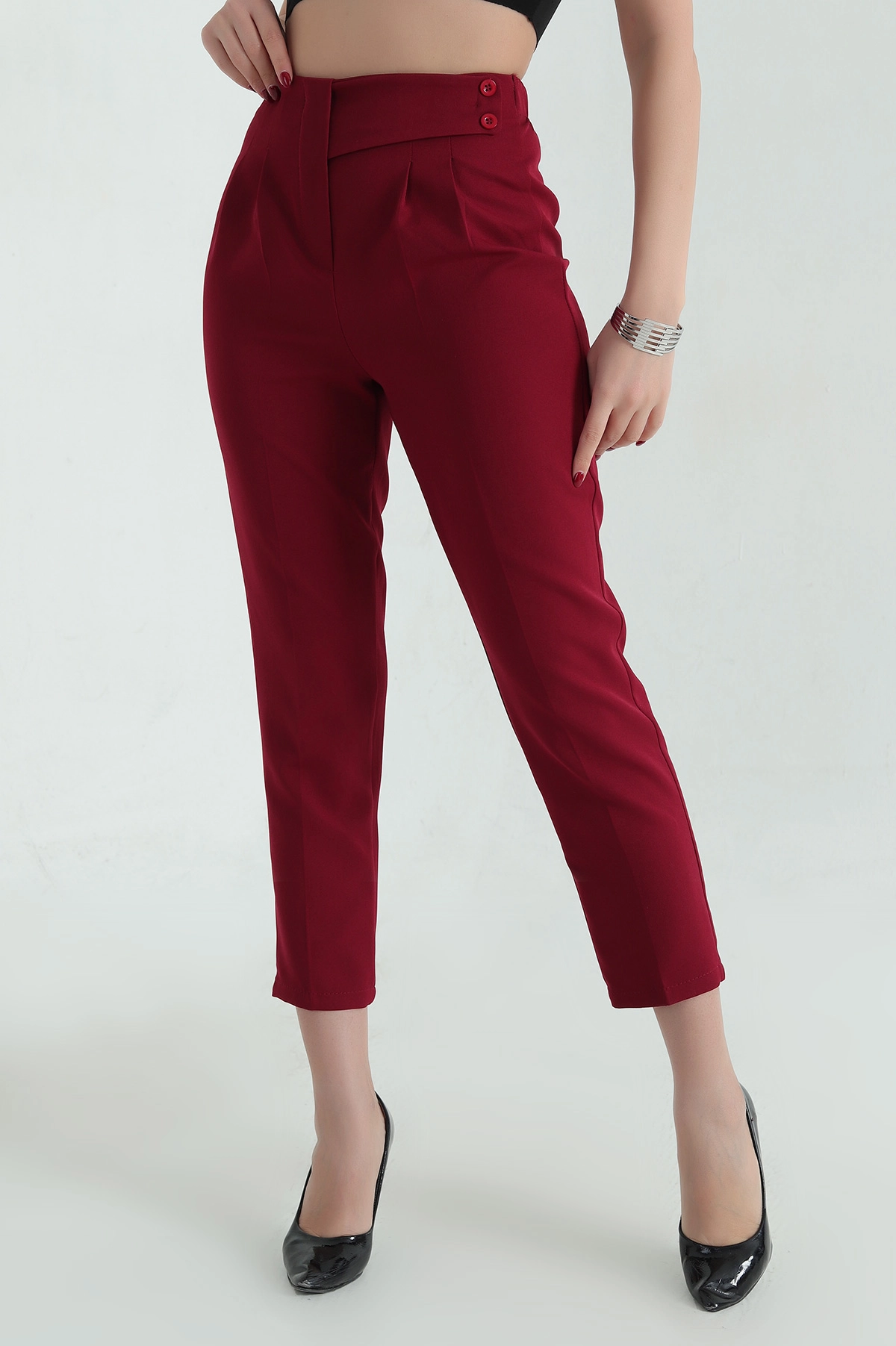 Bordo Beli Lastikli Düğmeli Dabıl Bayan Havuç Pantolon 336736