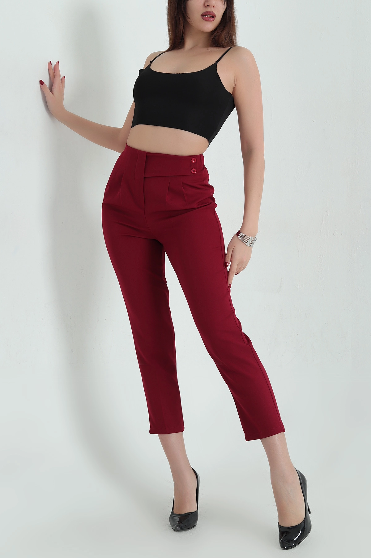 Bordo Beli Lastikli Düğmeli Dabıl Bayan Havuç Pantolon 336736