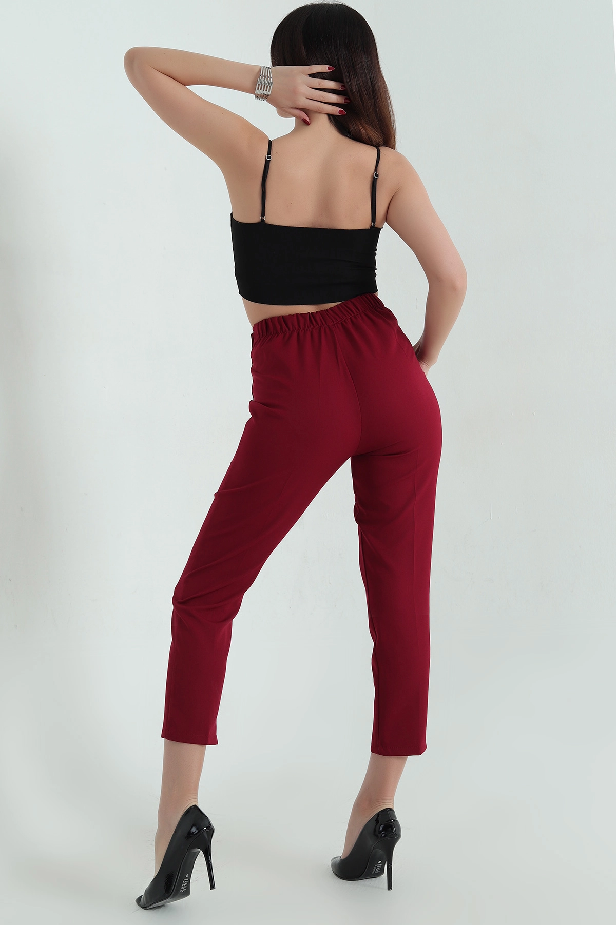 Bordo Beli Lastikli Düğmeli Dabıl Bayan Havuç Pantolon 336736