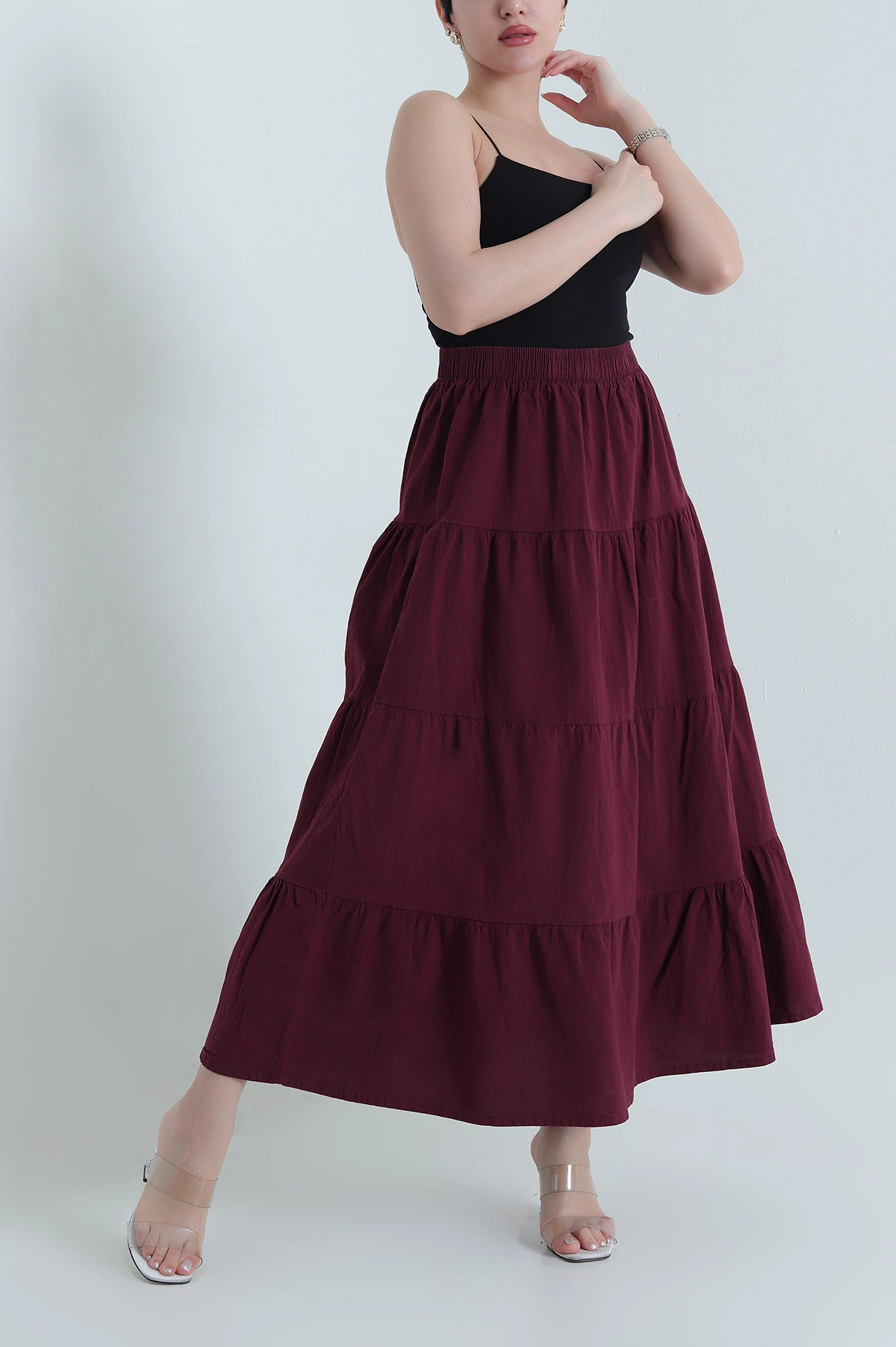 Bordo Beli Lastikli Ham Bez Kadın Etek 447152