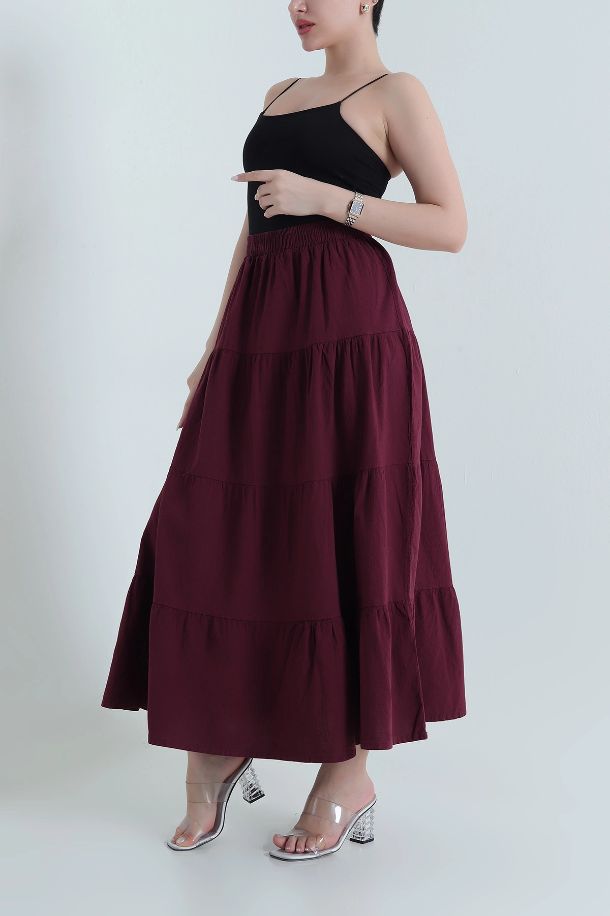 Bordo Beli Lastikli Ham Bez Kadın Etek 447152