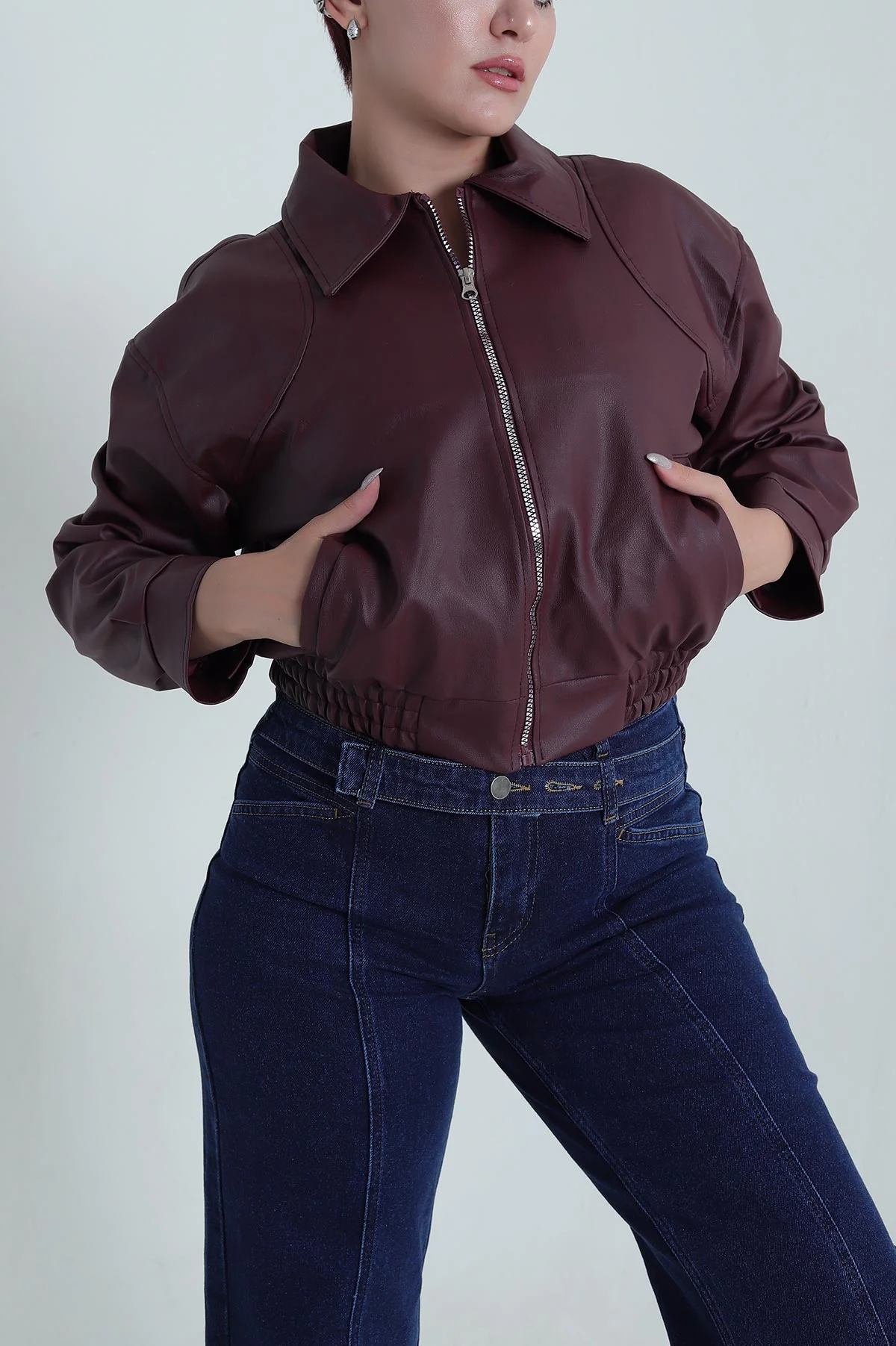 Bordo Beli Lastikli Kadın Deri Mont 484004