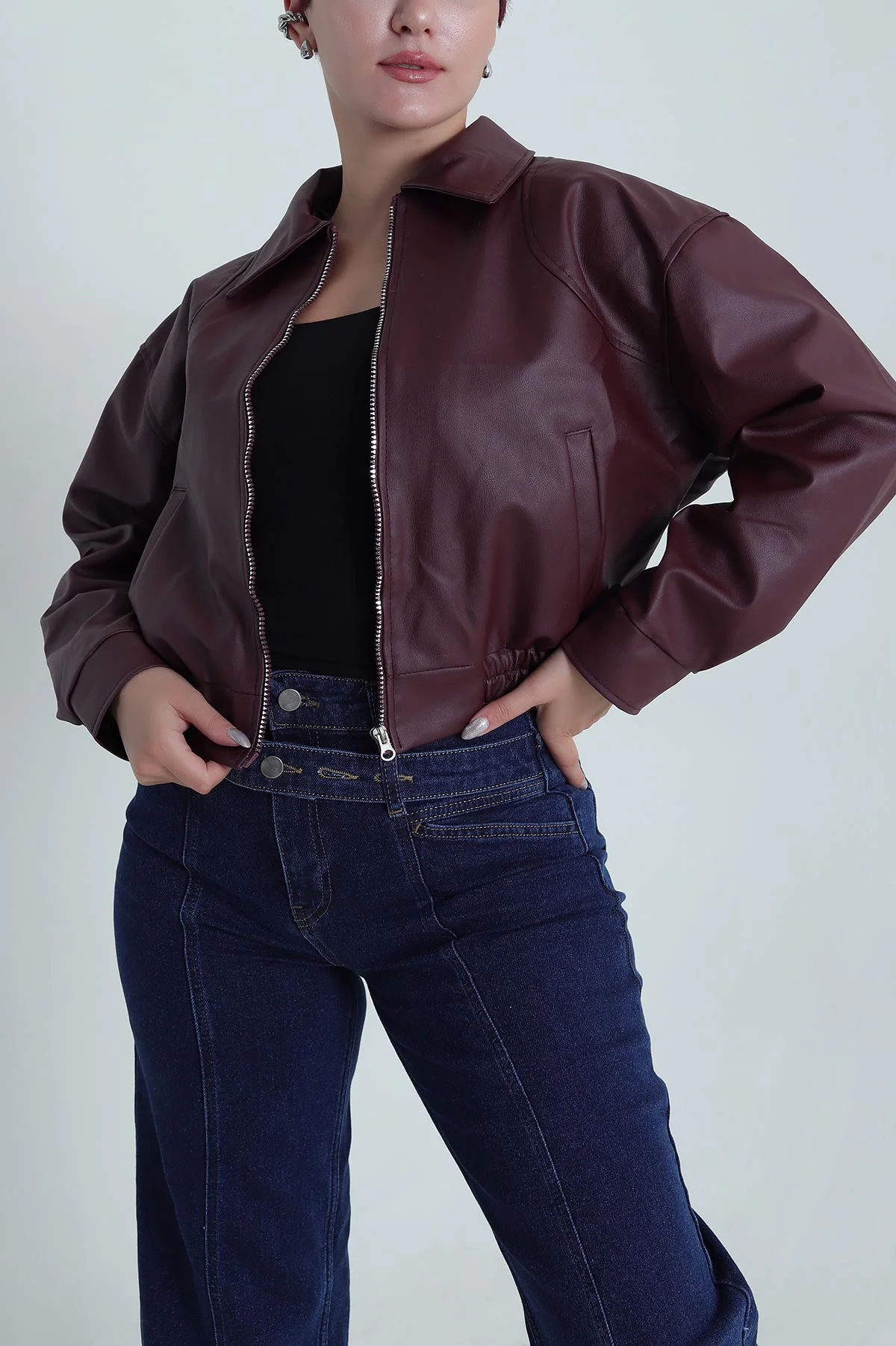 Bordo Beli Lastikli Kadın Deri Mont 484004